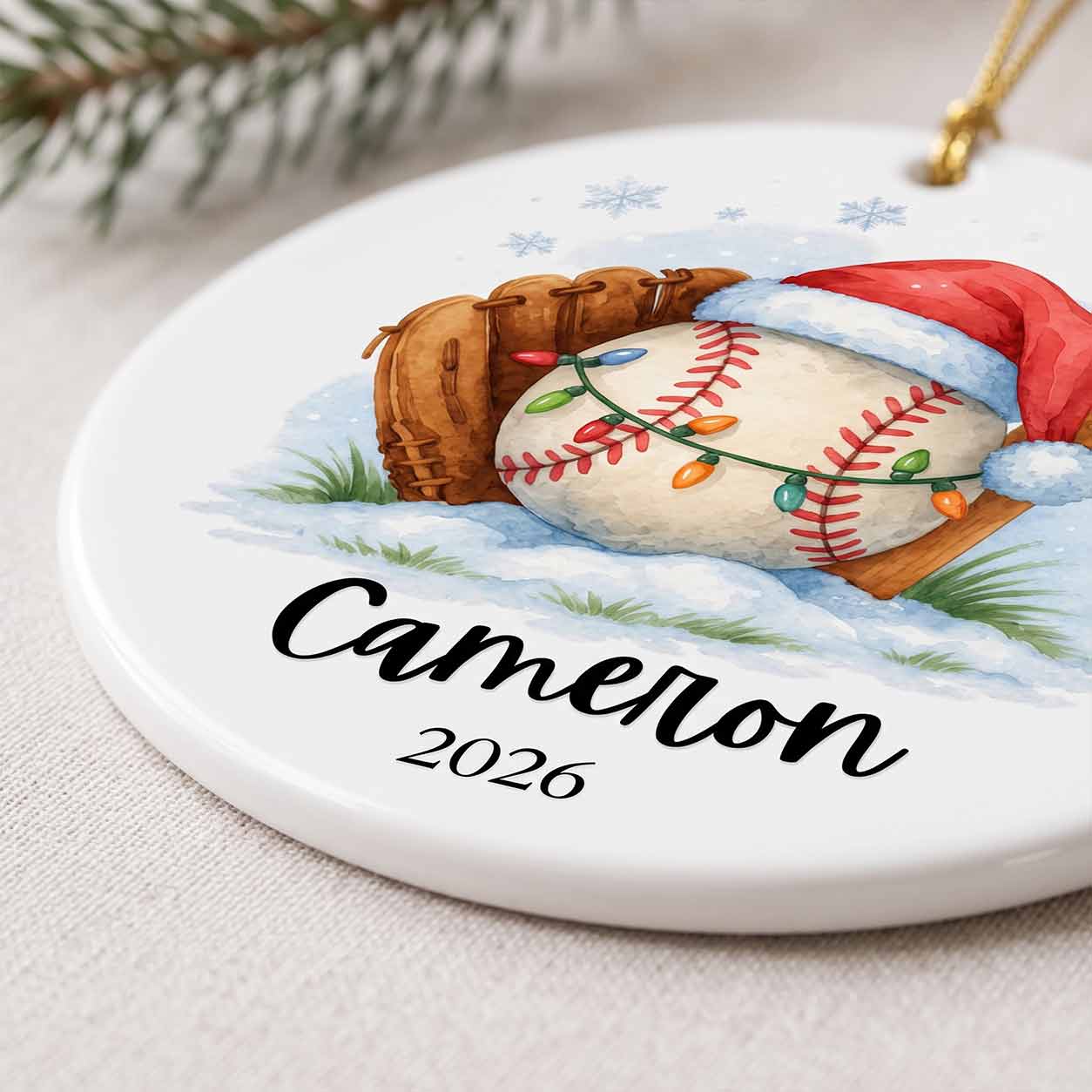 Baseball Christmas Santa Hat Custom Name 2026 Sports Kid Gift Round Ceramic Christmas Ornament