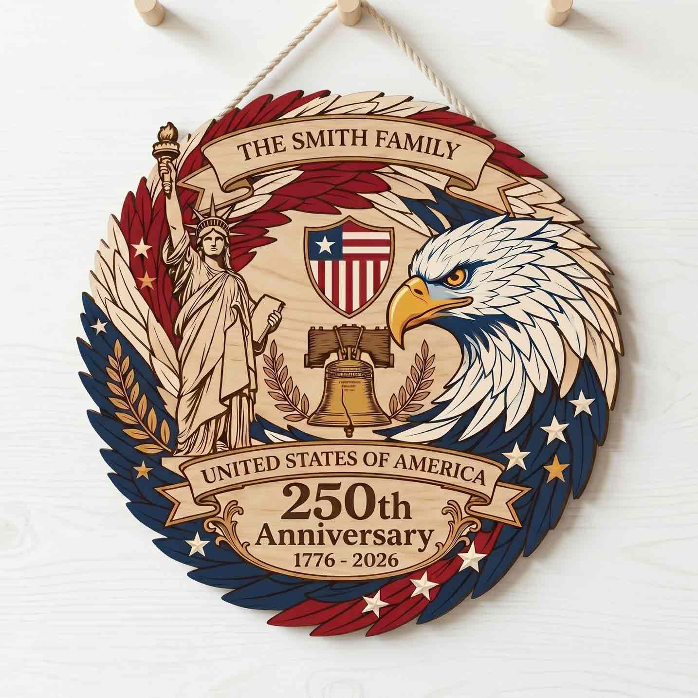 Personalized America 250th Anniversary Wooden Sign With Family Name Eagle and Liberty Decor