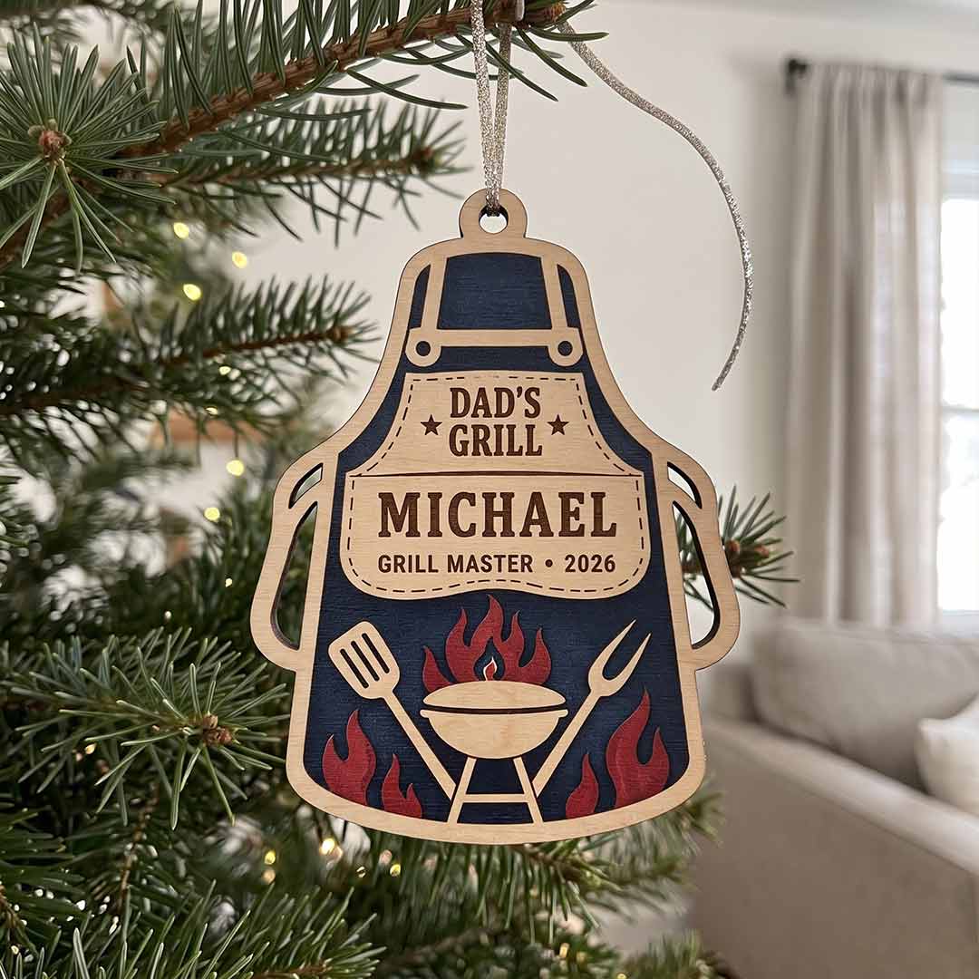 Dad's Grill Apron Flame BBQ Personalized Custom Name Date Family 2-Layer Wooden Christmas Ornament BBQ Grill Master Gift for Dad