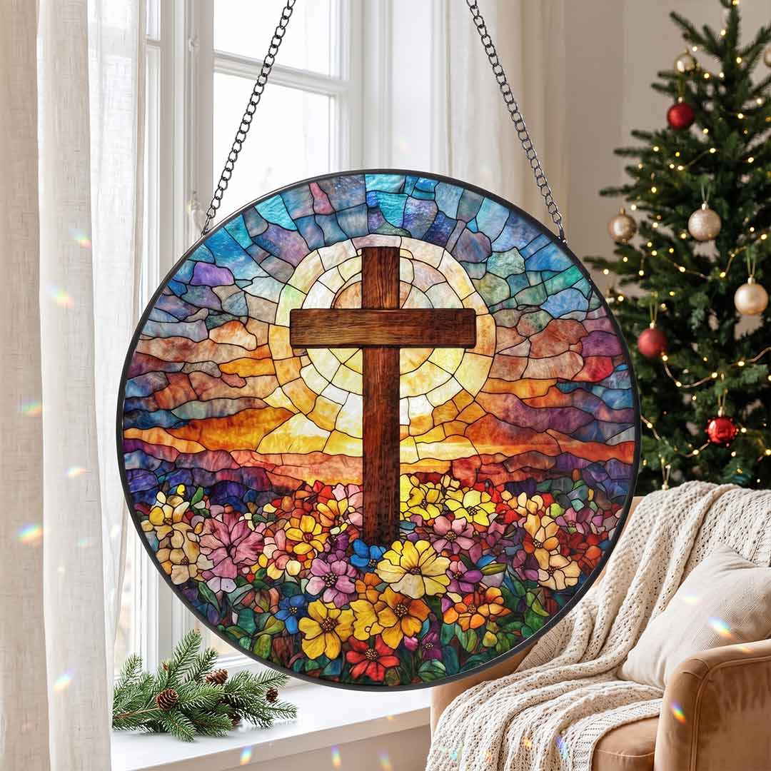 Floral Cross Faith Hope Spiritual Inspiration Nativity Stained Glass Suncatcher Christmas Ornament
