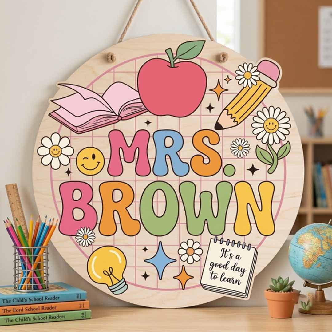 Personalized Teacher Name Wooden Sign Door Hanger Graphic Classroom Elements, Motivation Quote Wooden Classroom Decor, Back to School Sign