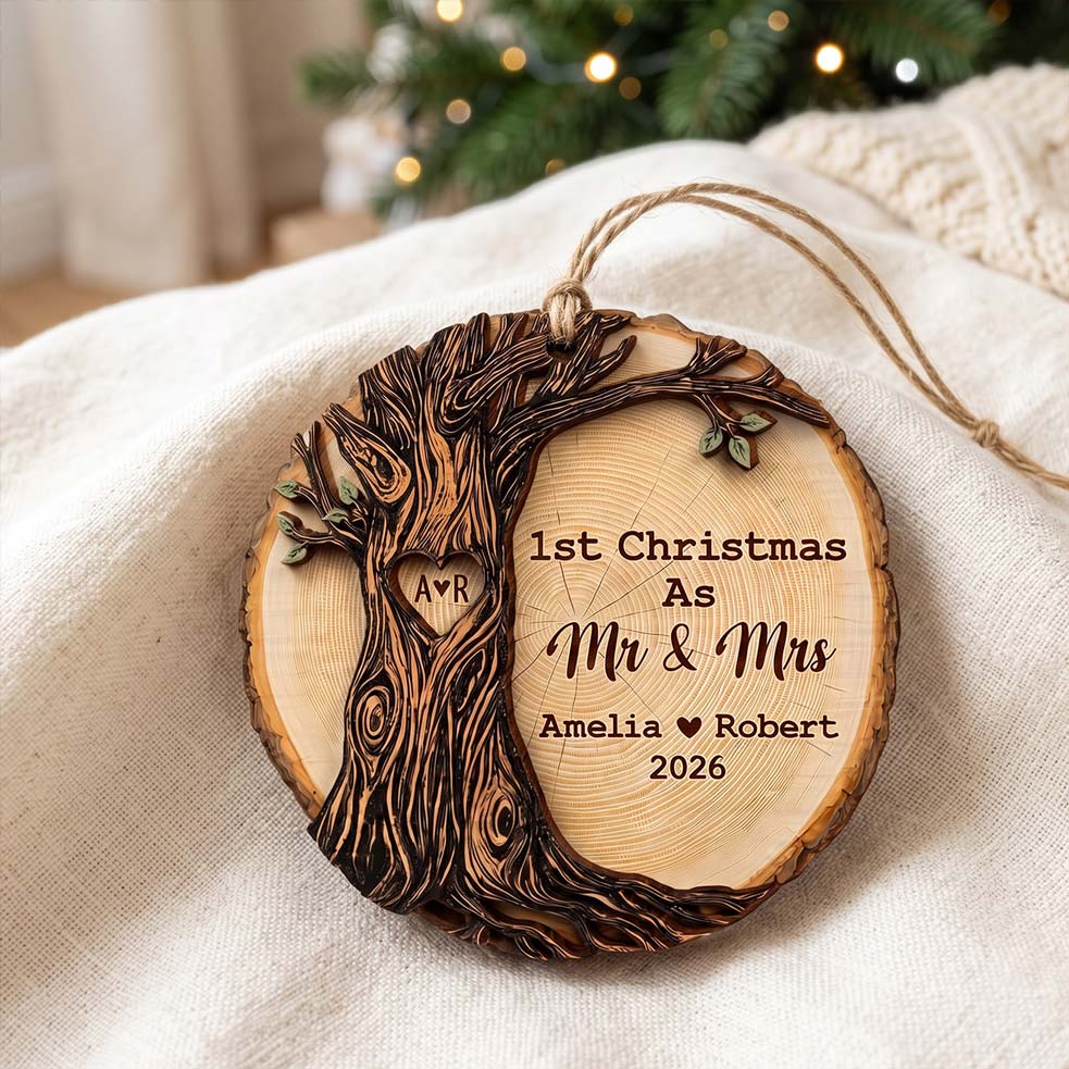 First Christmas Mr and Mrs Tree of Love Custom Names Date First Married Christmas Wooden Ornament
