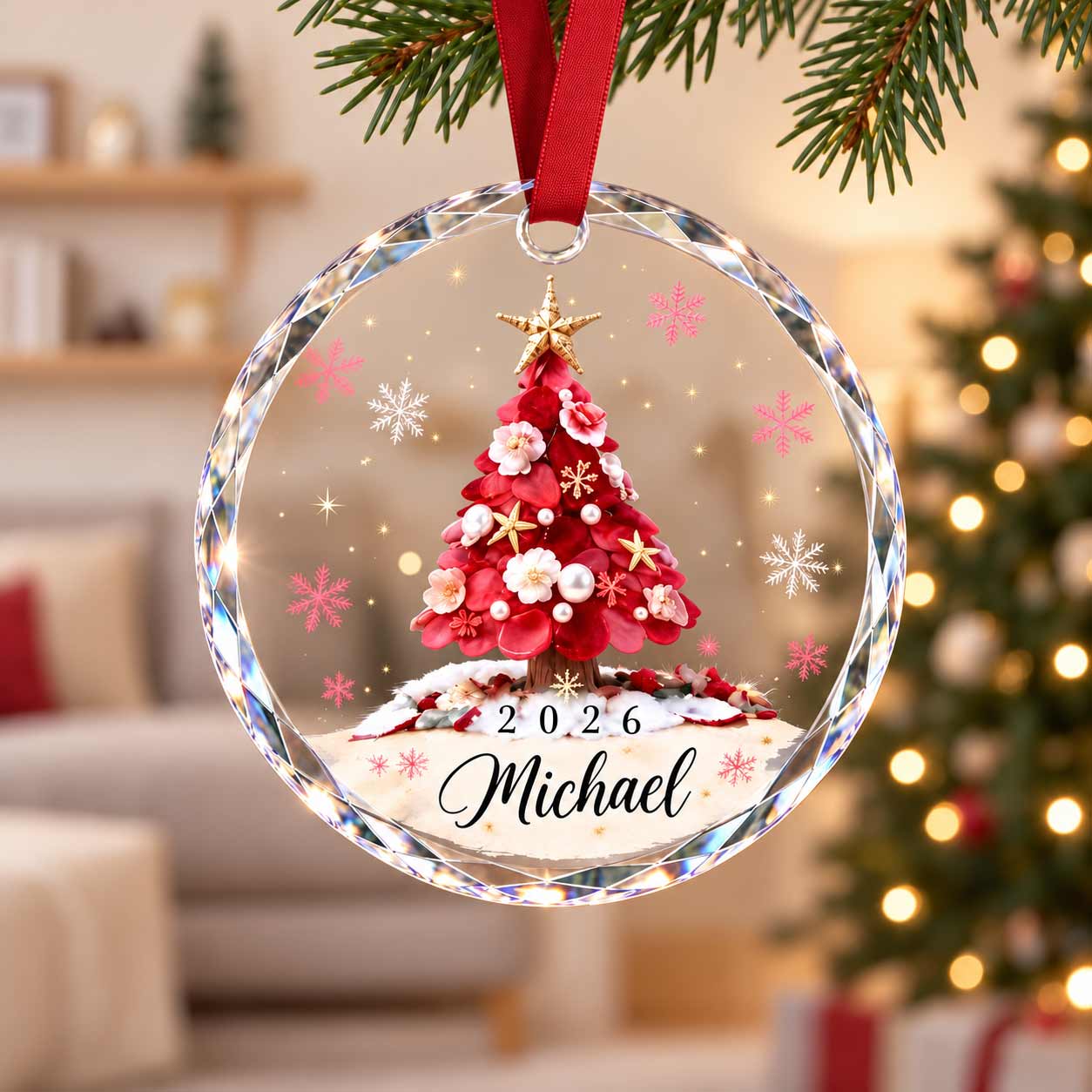 Red Floral Christmas Tree 2026 Custom Name Holiday Keepsake Round Glass Christmas Ornament