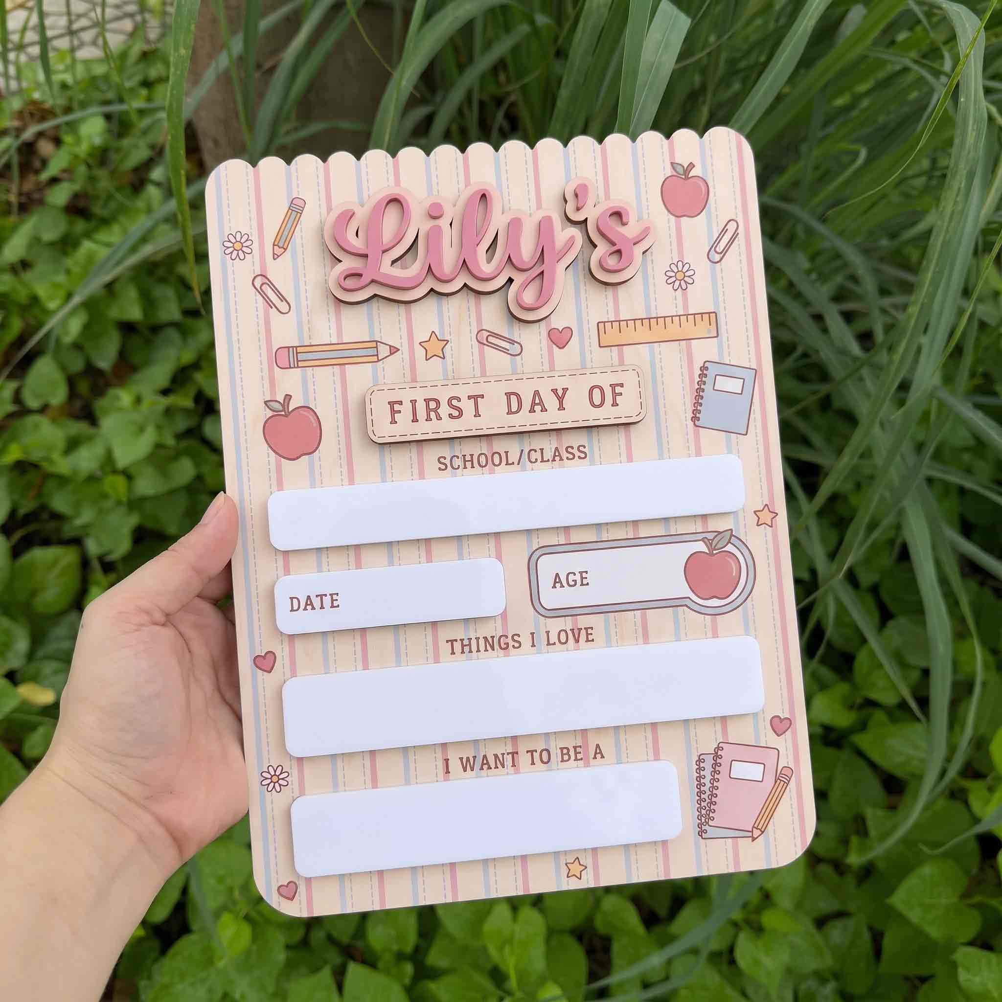 Personalized Girly Stationery First & Last Day School Sign, Reusable Dry Erase Board, Back to School Sign