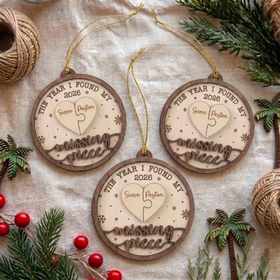 Missing Piece Puzzle Heart Personalized Custom Name Date Couple 2-Layer Wooden Christmas Ornament for Couples Gift