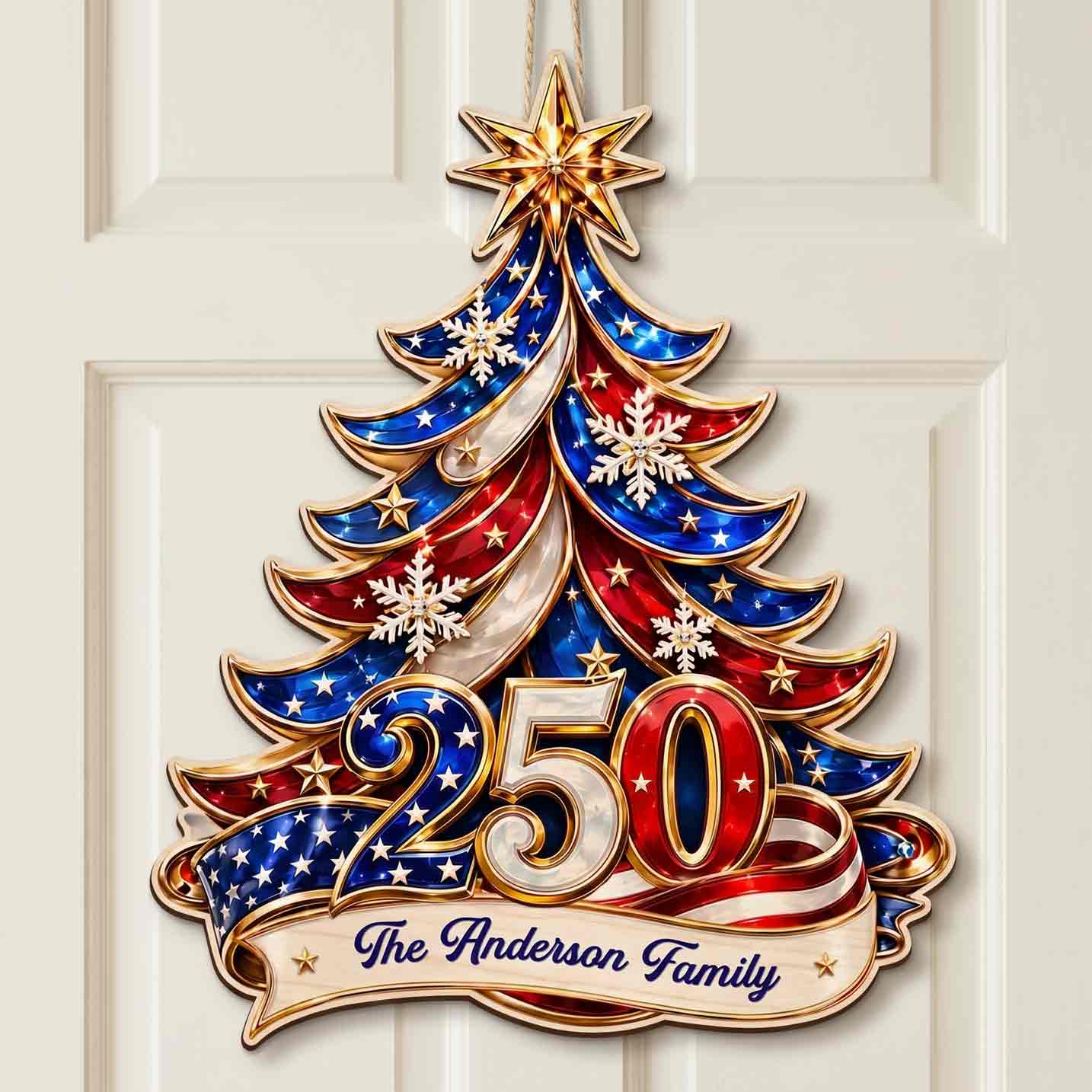 Personalized Family Name America 250th Anniversary Patriotic Christmas Tree Wooden Sign