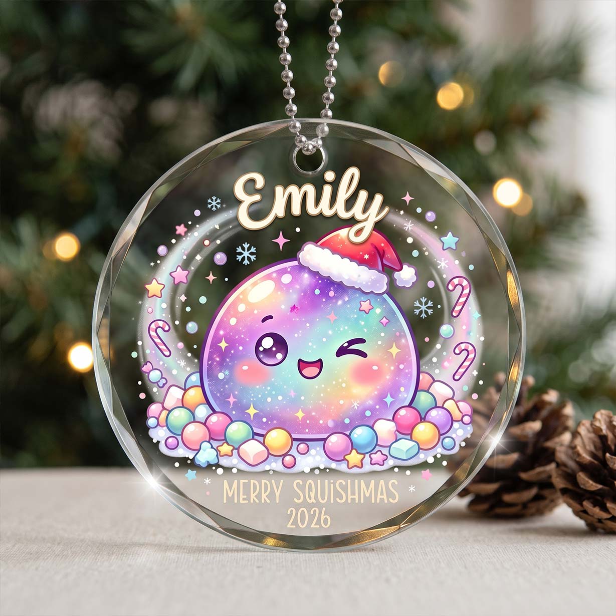Merry Squishmas Santa Squishy Custom Name Date Round Glass Christmas Ornament Cute
