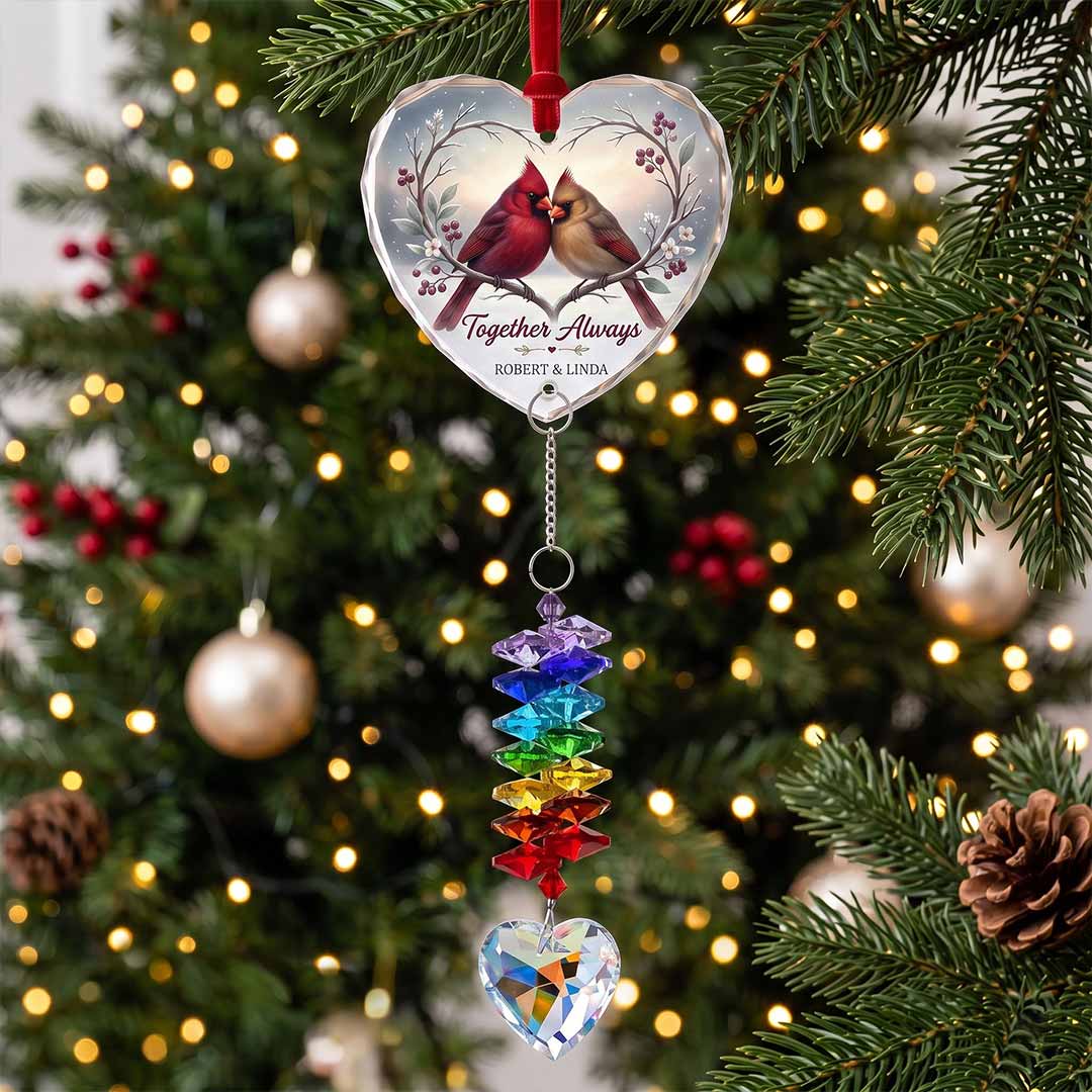 Together Always Cardinal Personalized Couple Custom Name Keepsake Heart Glass Christmas Ornament With Crystal Charm