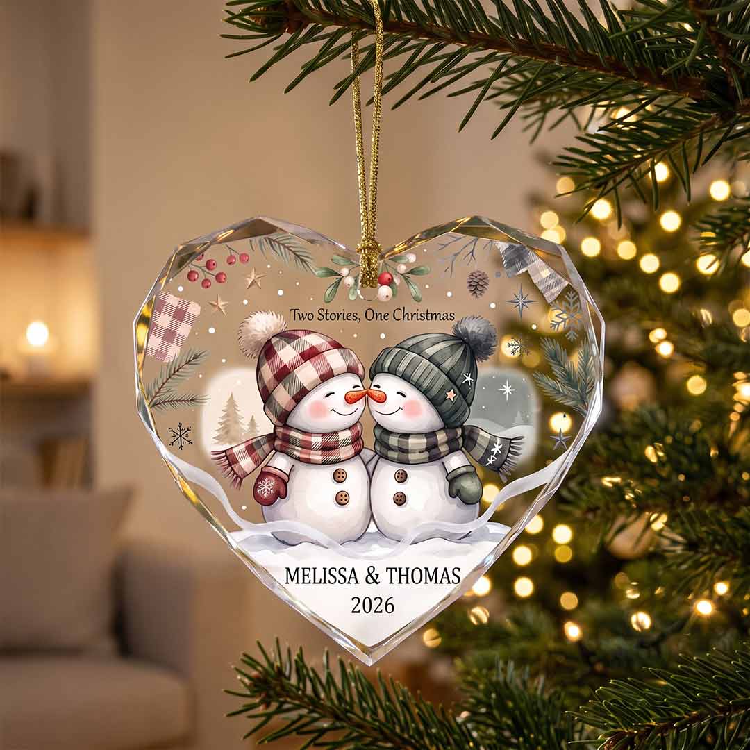 Two Stories One Christmas Snowman Couple Personalized Couple Custom Name Date Christmas Gift Heart Glass Christmas Ornament