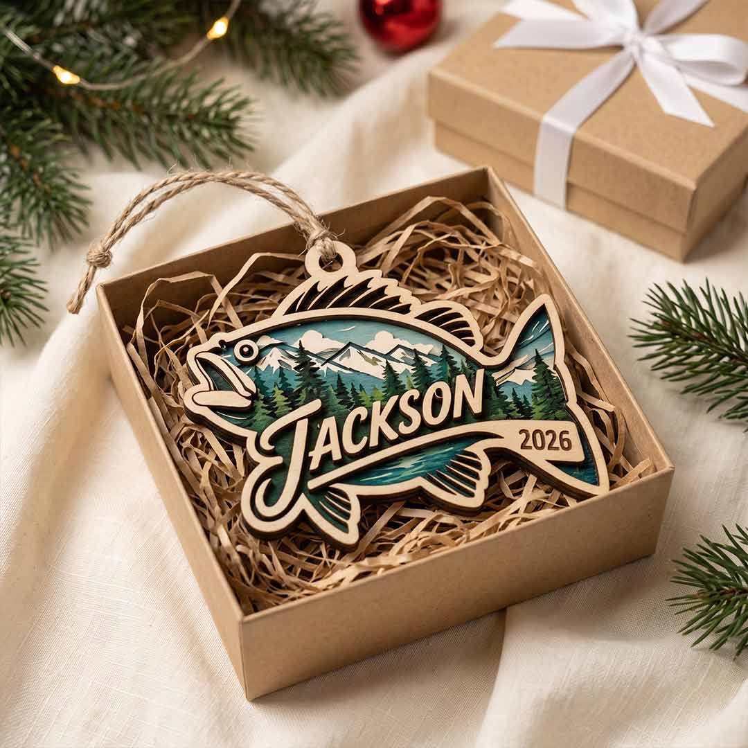 Mountain Bass Fishing Personalized Custom Name Date Fishing 2-Layer Wooden Christmas Ornament Christmas Gift for Anglers