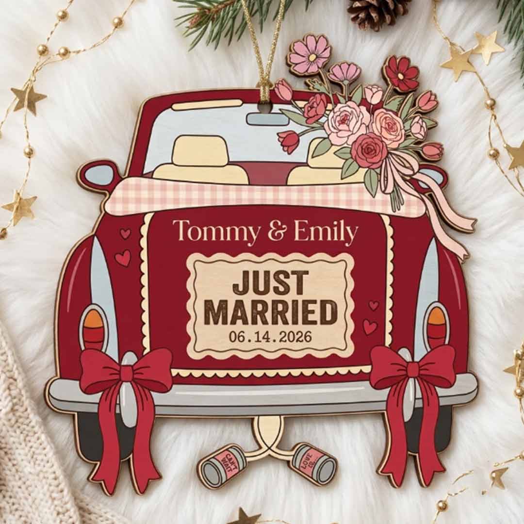 Just Married Wedding Car Personalized Custom Name Date First Wedding 2-Layer Wooden Christmas Ornament Newlywed Couple Christmas Gift