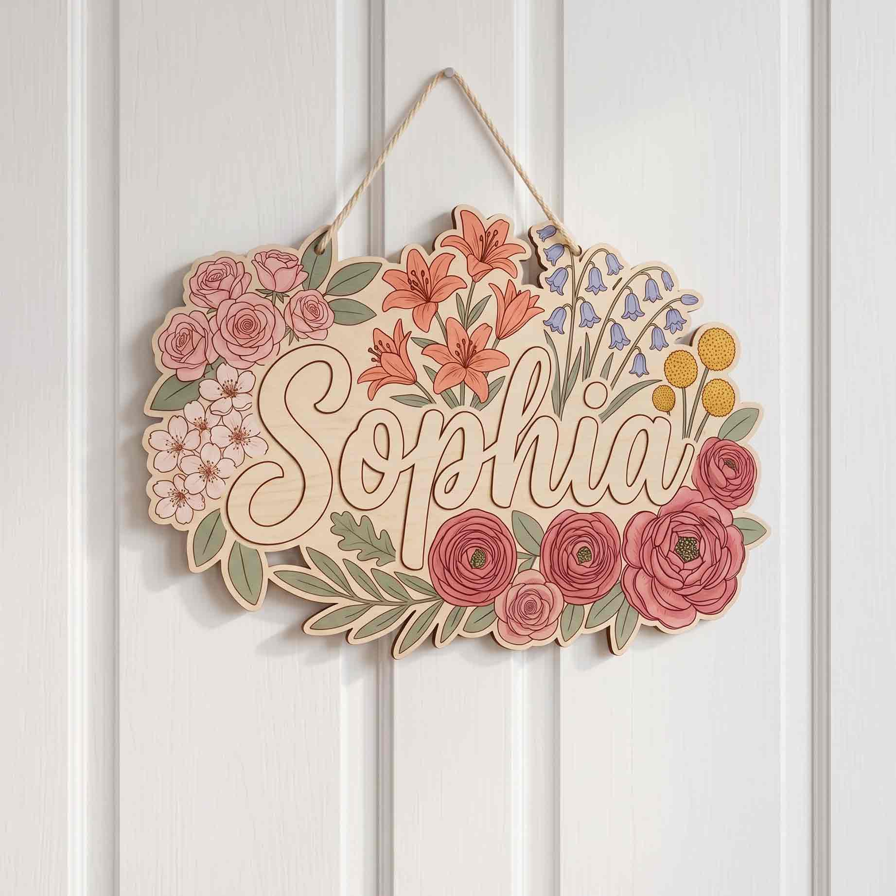 Personalized Botanical Flower Name Wooden Sign