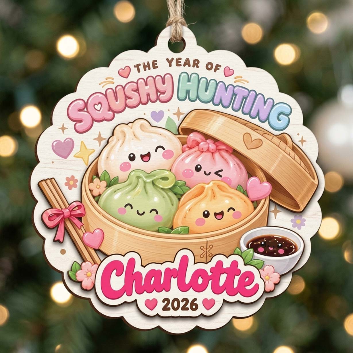 Squishy Hunting Dumpling Basket Custom Name Date Wooden Ornament Foodie
