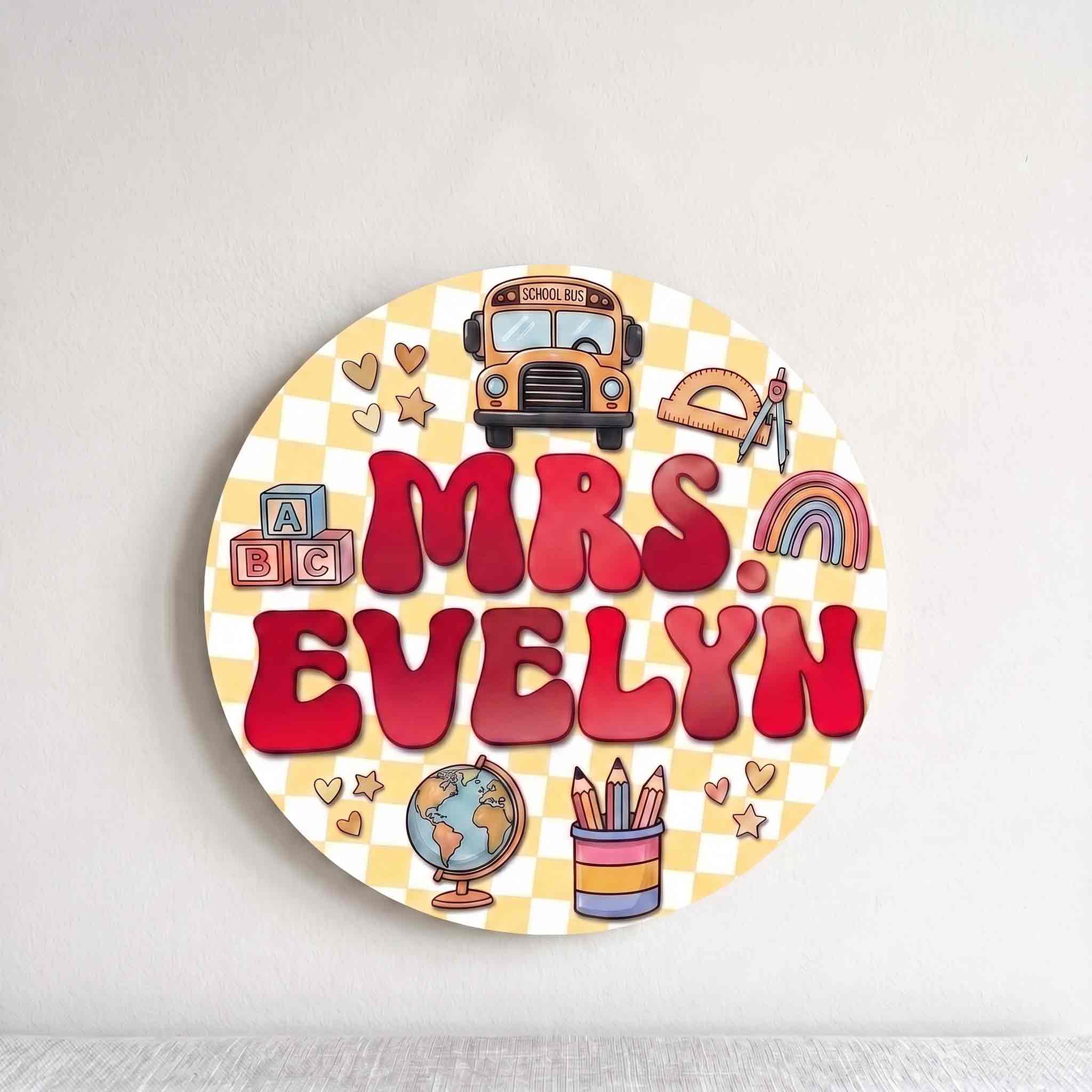Custom Teacher Classroom Welcome Wooden Sign, Personalized School Bus Door Decor with Rainbow & School Supplies, Back to School Gift