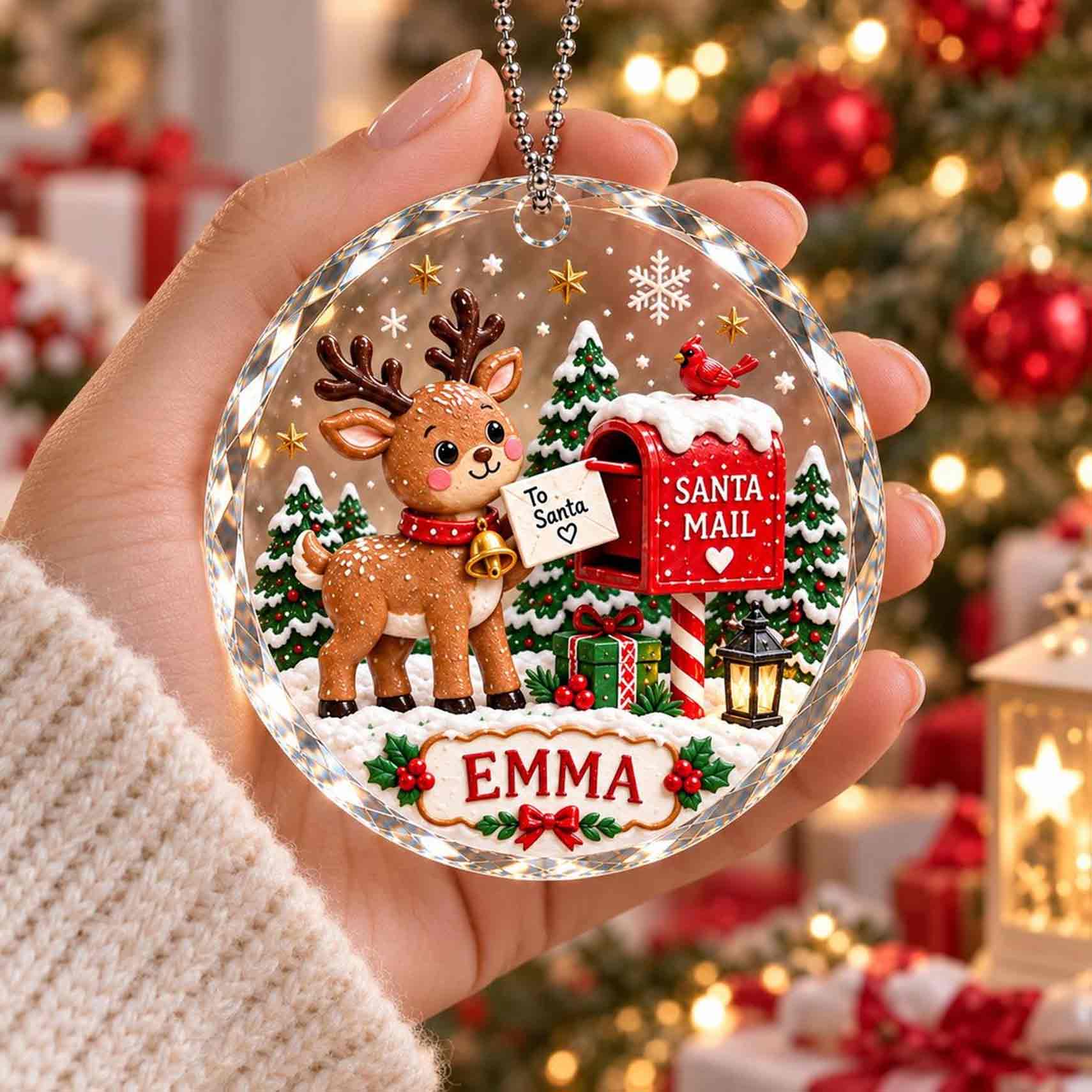 Santa Mail Reindeer Christmas Custom Name Round Glass Ornament