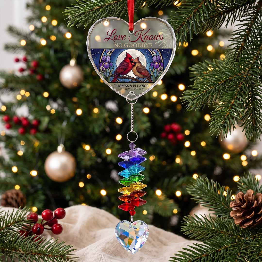 Love Knows No Goodbye Floral Cardinal Personalized Memorial Custom Name Date Loved One Sympathy Keepsake Heart Glass Christmas Ornament With Crystal Charm