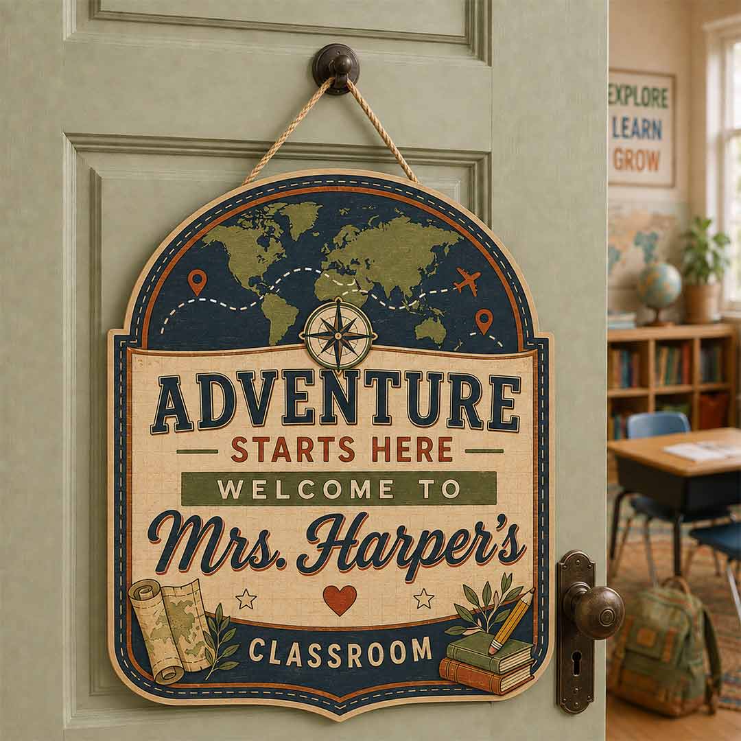 Personalized Teacher Name Wooden Sign Door Hanger Adventure Stars Here Classroom Sign Wooden Classroom Decor, Back to School Sign