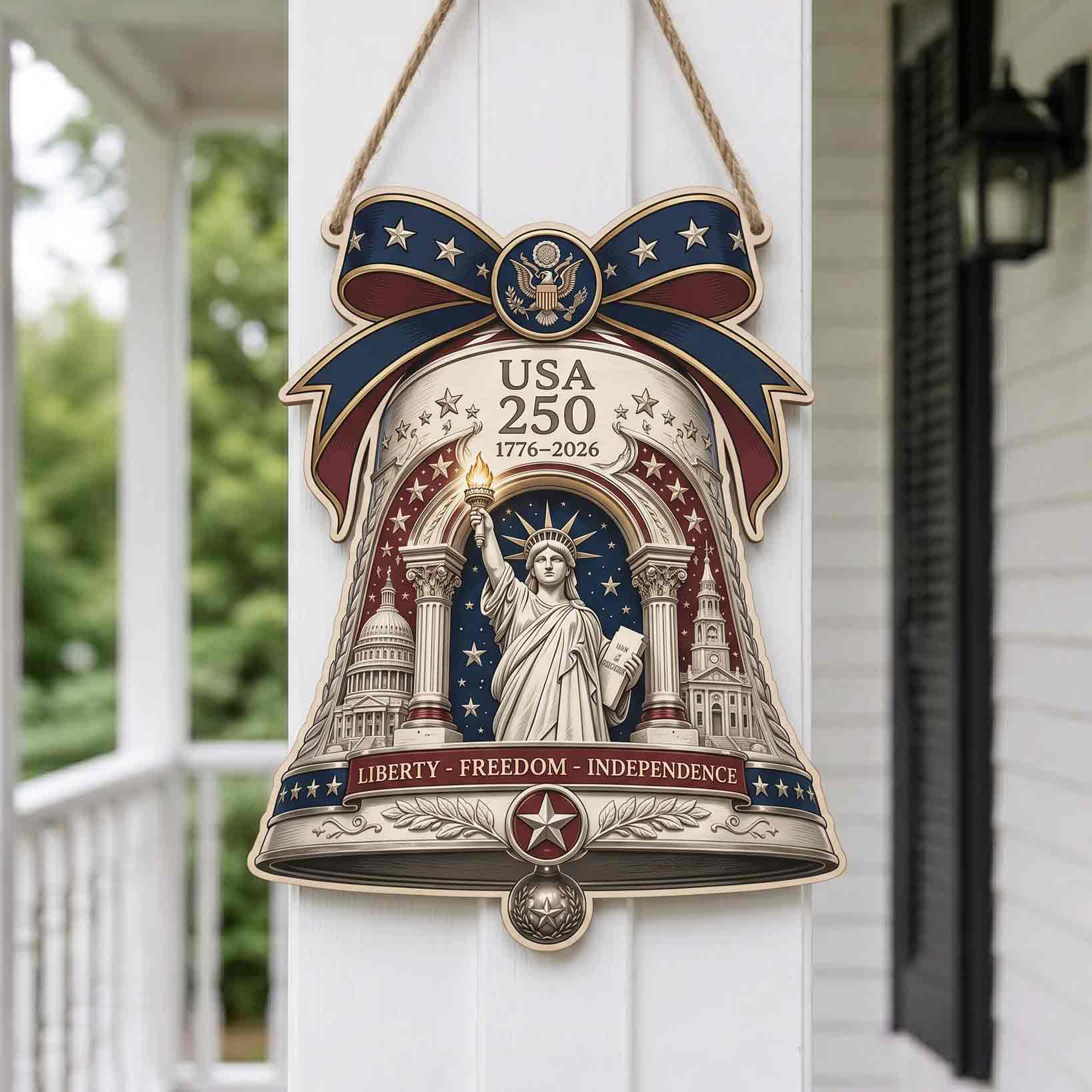 America 250th Anniversary Wooden Sign With Liberty Bell and Statue of Liberty