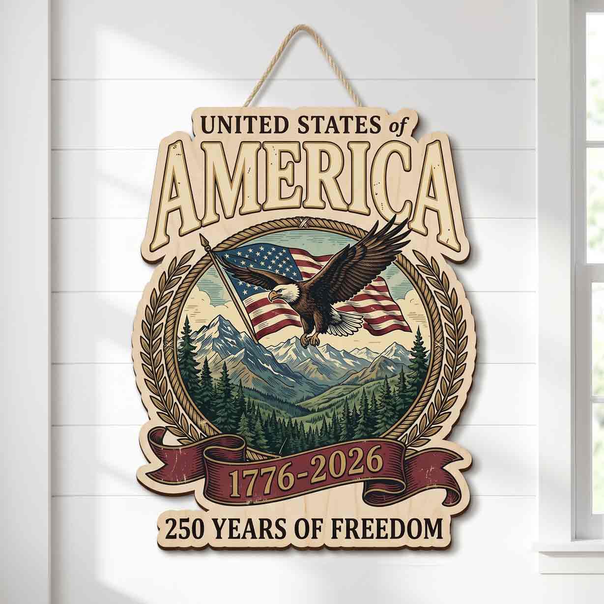 United States of America 250 Years of Freedom 1776-2026 Bald Eagle American Flag Patriotic Wooden Sign