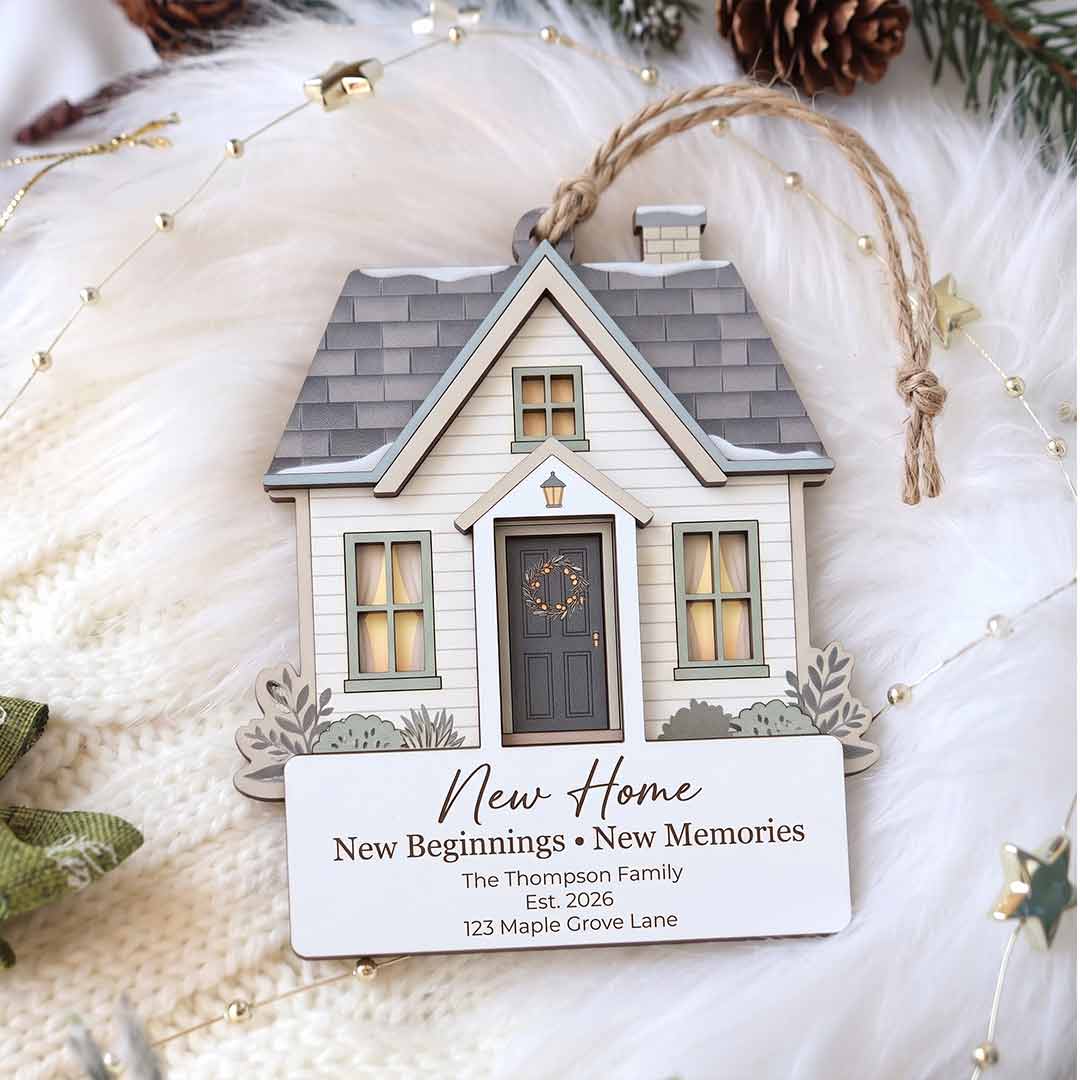 First Christmas In Our New Home Personalized  Custom Family Name Date Address New Home Gift Wooden Christmas Ornament