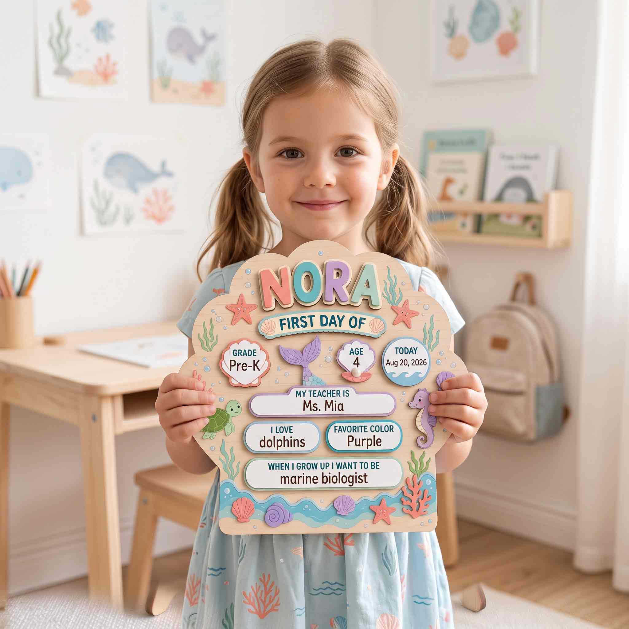 Personalized Mermaid Sea Adventure First & Last Day School Sign, Reusable Dry Erase Board, Back to School Sign