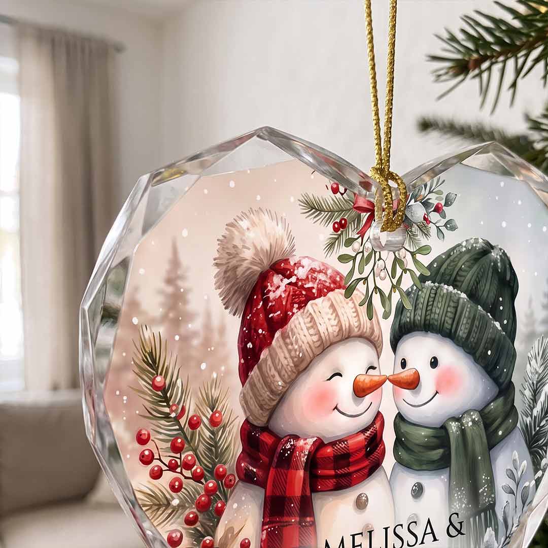 Two Souls One Winter Snowman Couple Personalized Couple Custom Name Date Christmas Gift Heart Glass Christmas Ornament