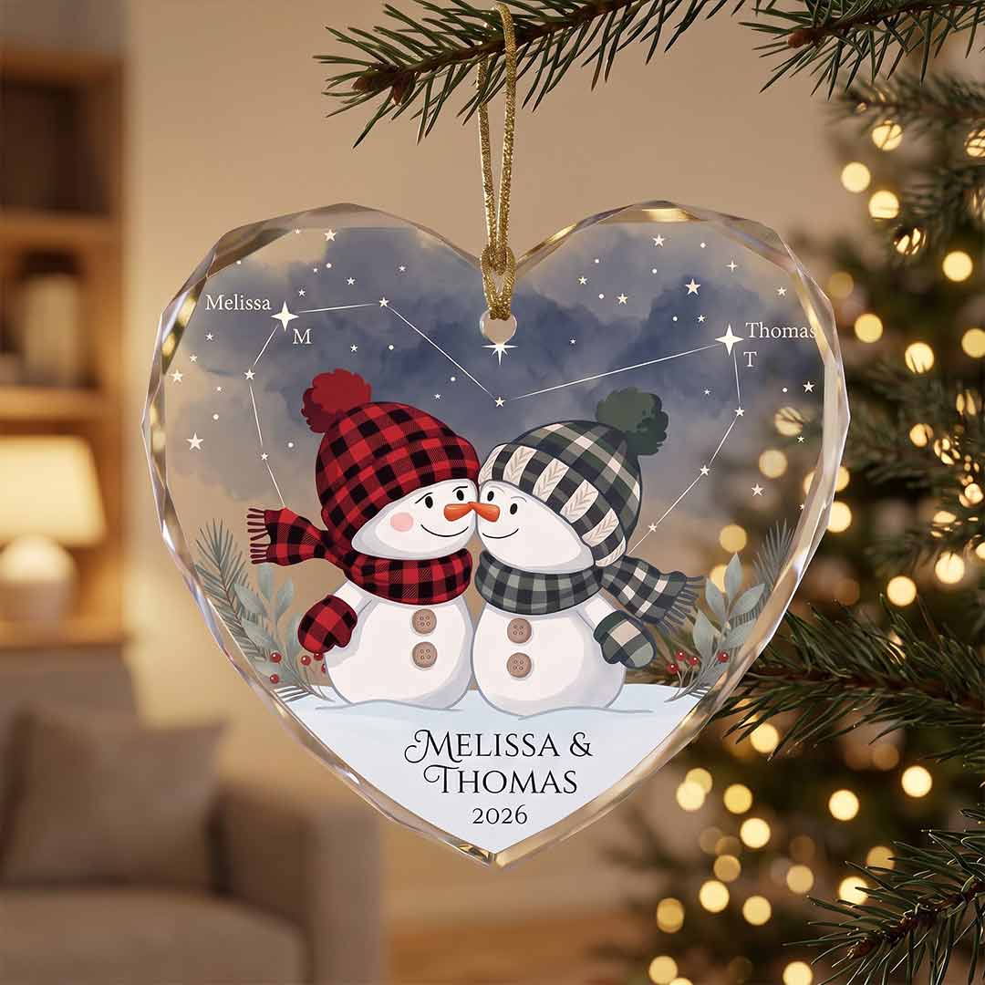 Starry Constellation Snowman Couple Personalized Couple Custom Name Date Christmas Gift Heart Glass Christmas Ornament