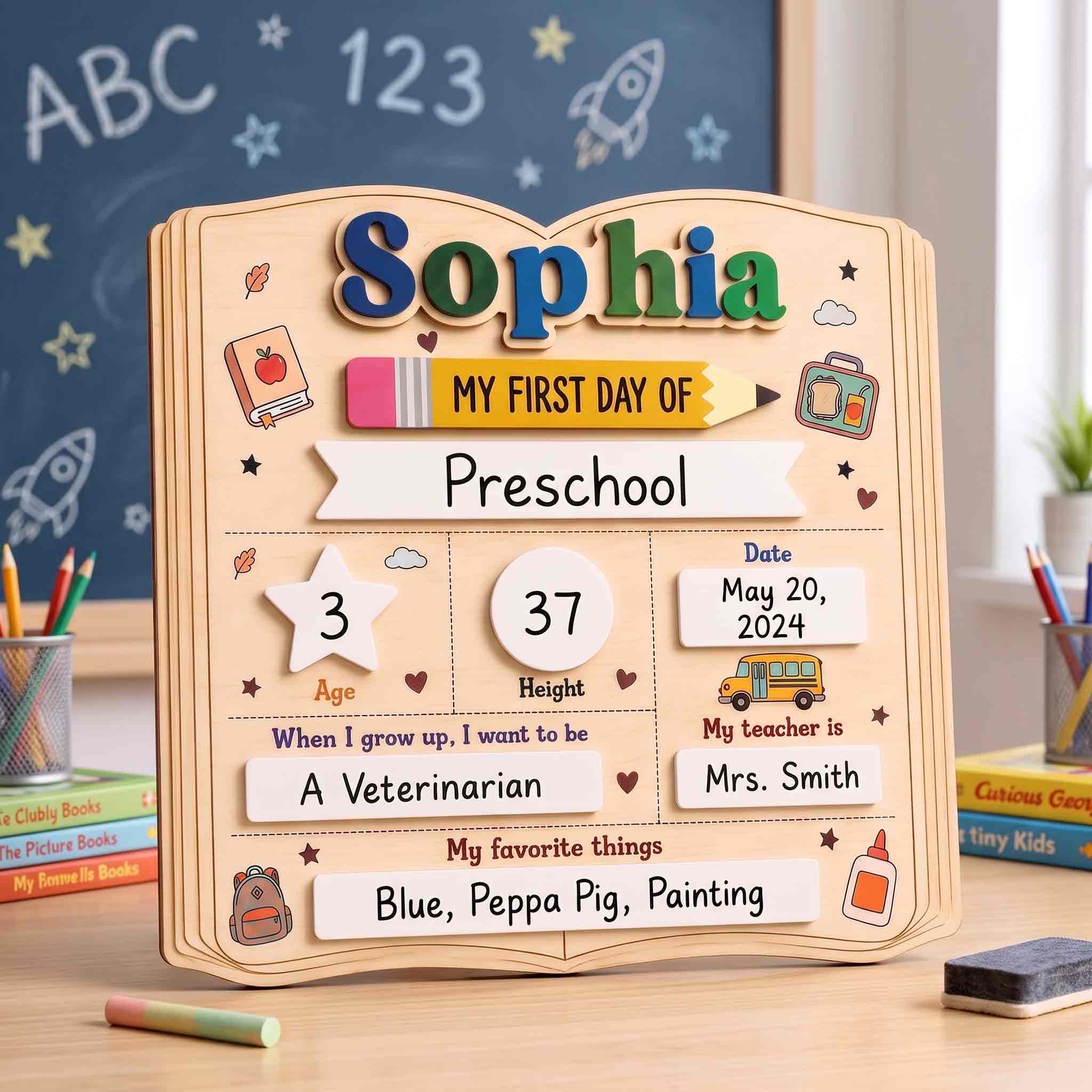 Personalized School Book First Day School Board, Reusable Dry Erase Board, Back to School Sign