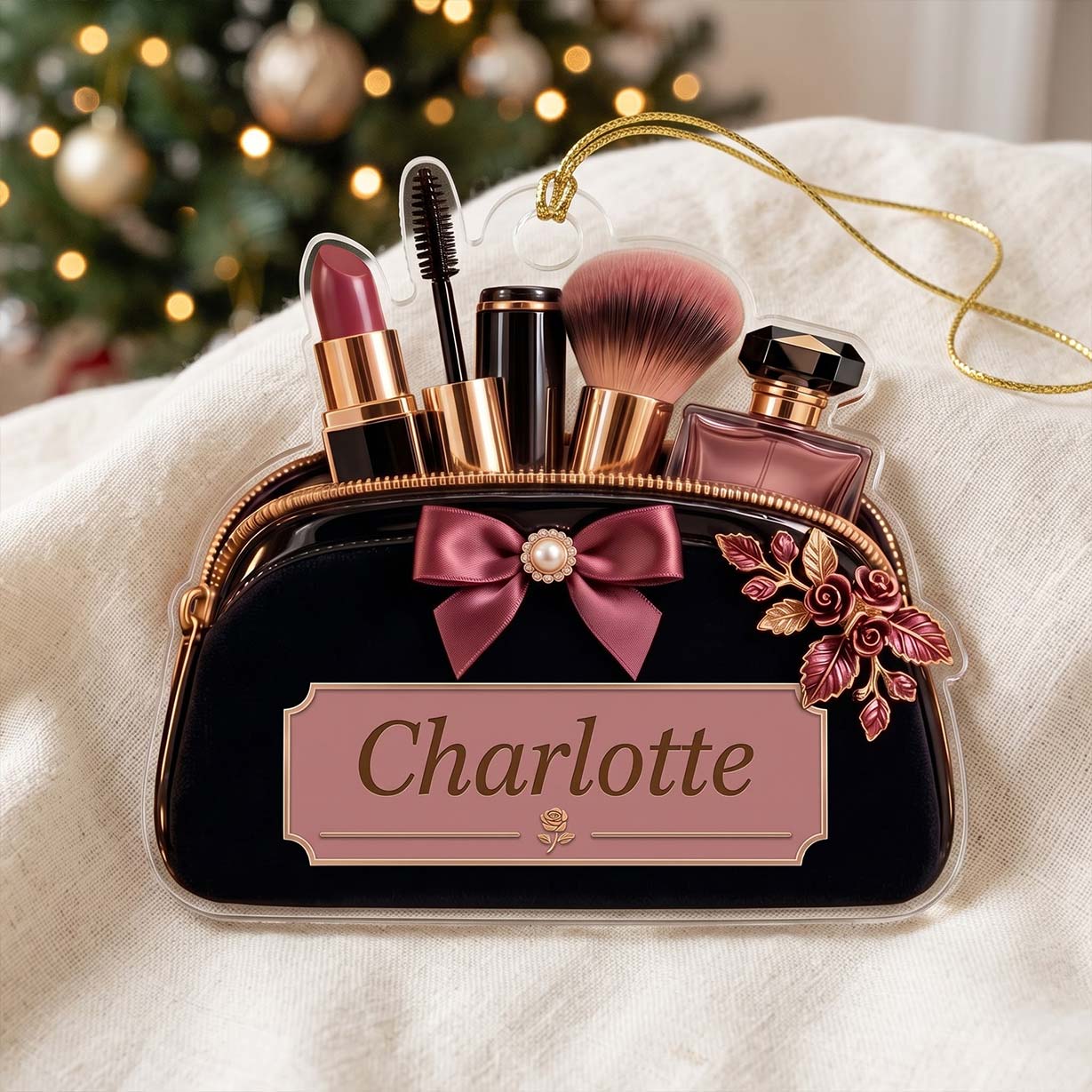 Makeup Black Floral Cosmetic Bag Lipstick Brush Custom Name Acrylic Christmas Ornament Makeup Lover