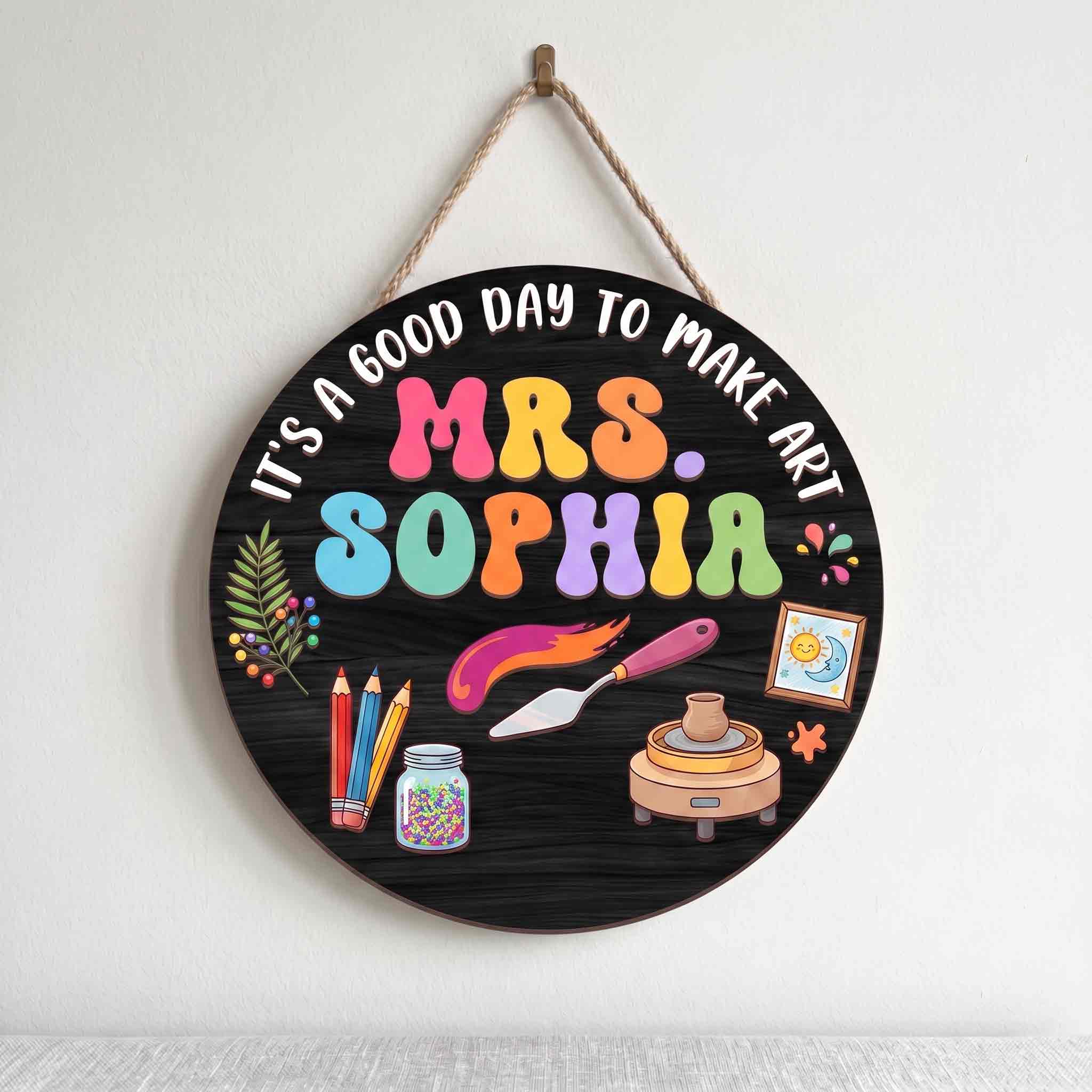 Personalized Art Teacher Classroom Door Hanger Wooden Sign, Custom Art Room Welcome Sign