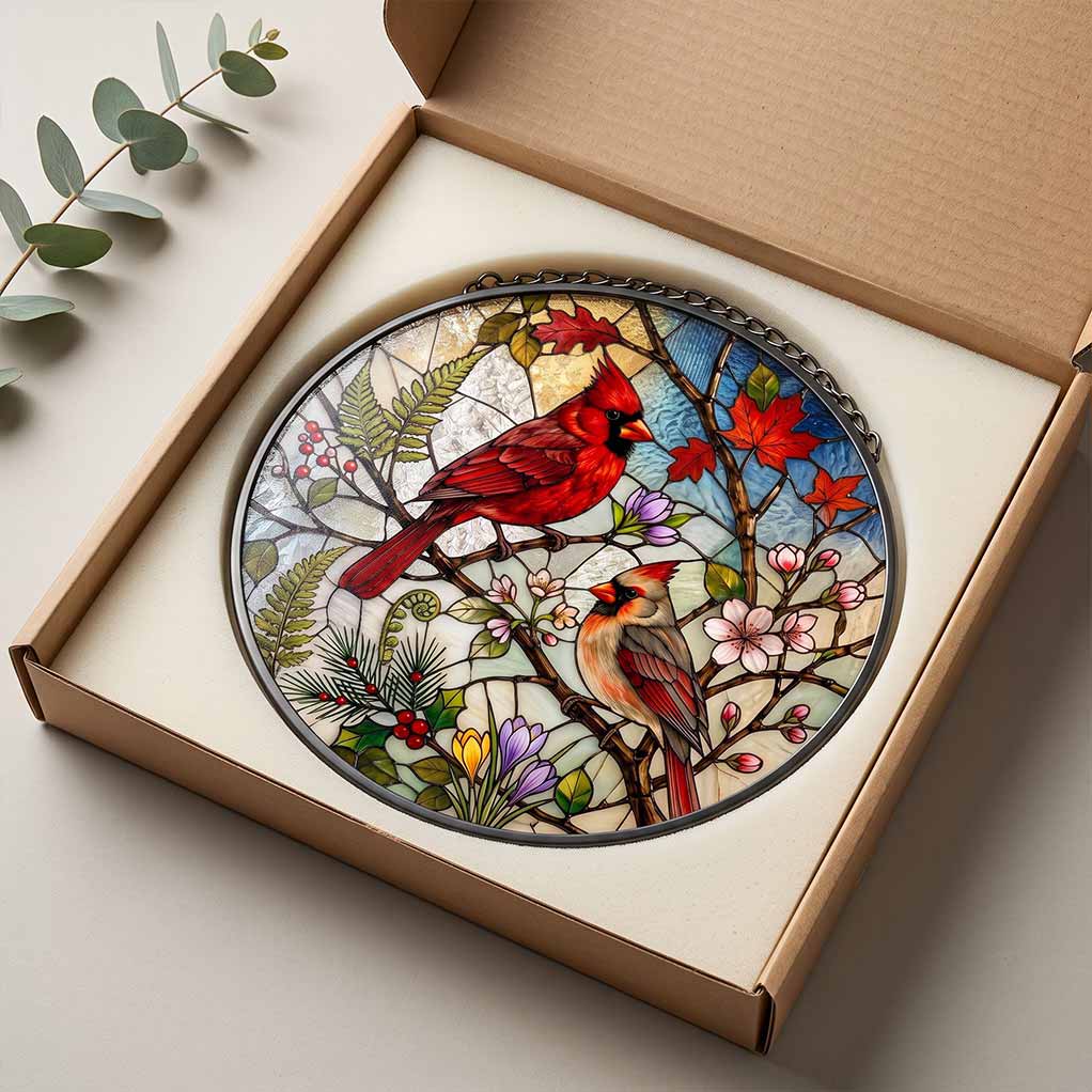 Cardinal Couple Four Seasons Floral Bird Lover Gift Nature Window Decor Couple Stained Glass Suncatcher Christmas Ornament