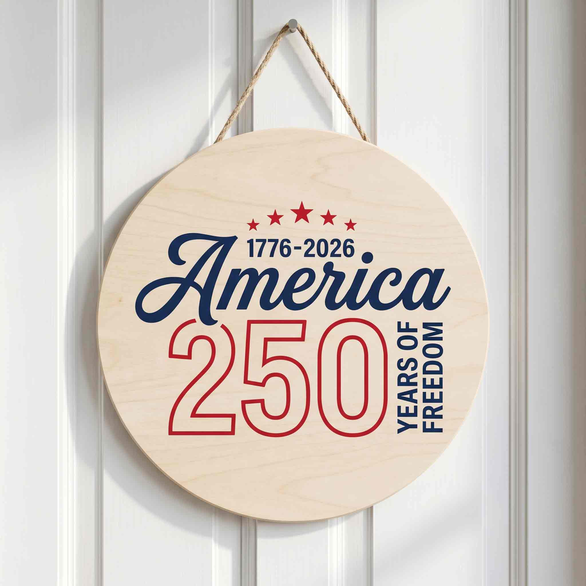 America 250 Years of Freedom 1776-2026 Round Minimalist Patriotic Wooden Sign