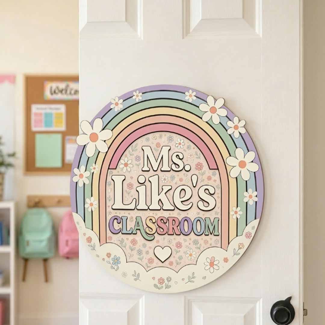 Personalized Teacher Name Wooden Sign Door Hanger Pastel Rainbow Classroom Sign  Wooden Classroom Decor, Back to School Sign