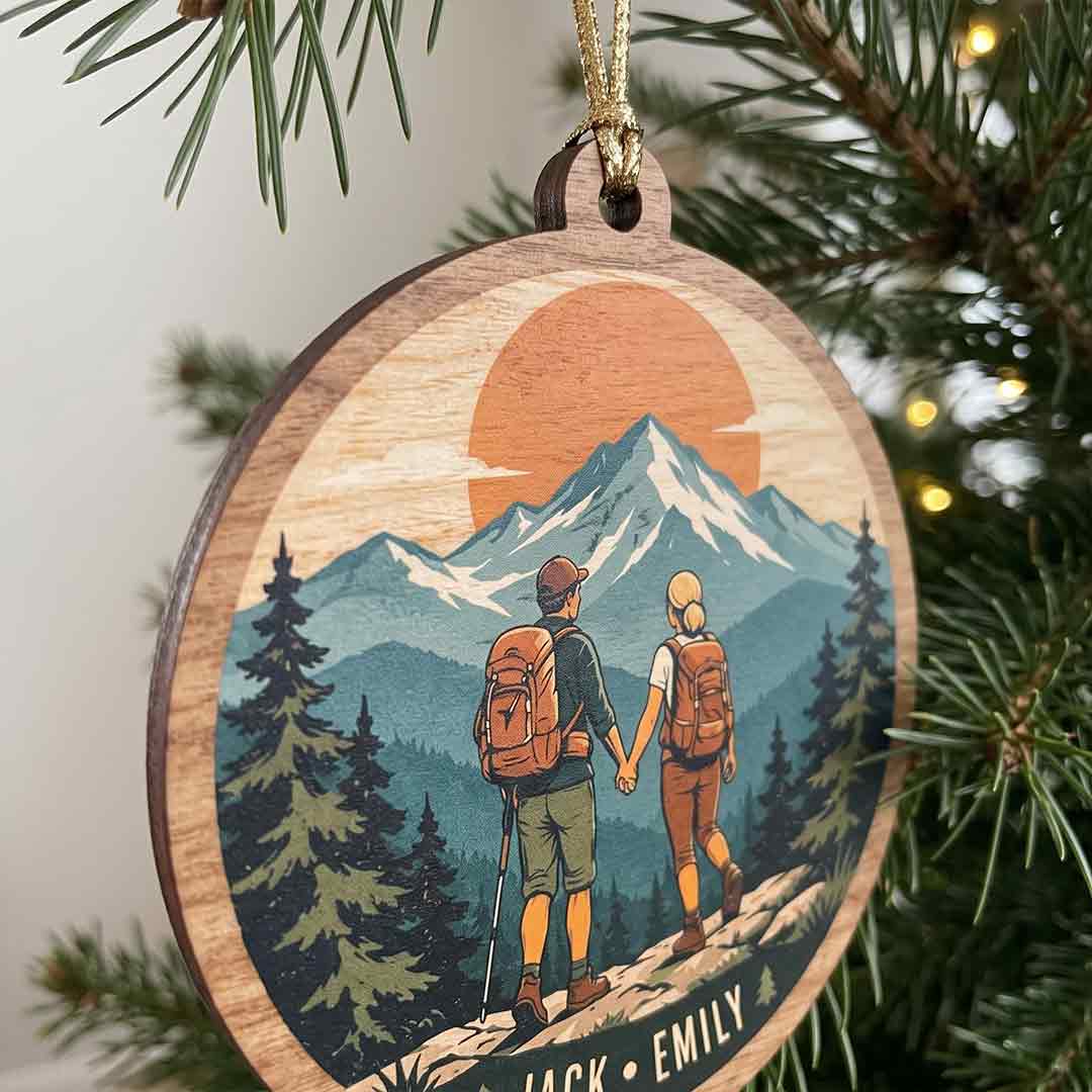Hiking Couple Mountain Adventure Outdoor Keepsake Personalized Custom Name Adventure Couple 1-Layer Wooden Christmas Ornament for Hiking Partners Gift