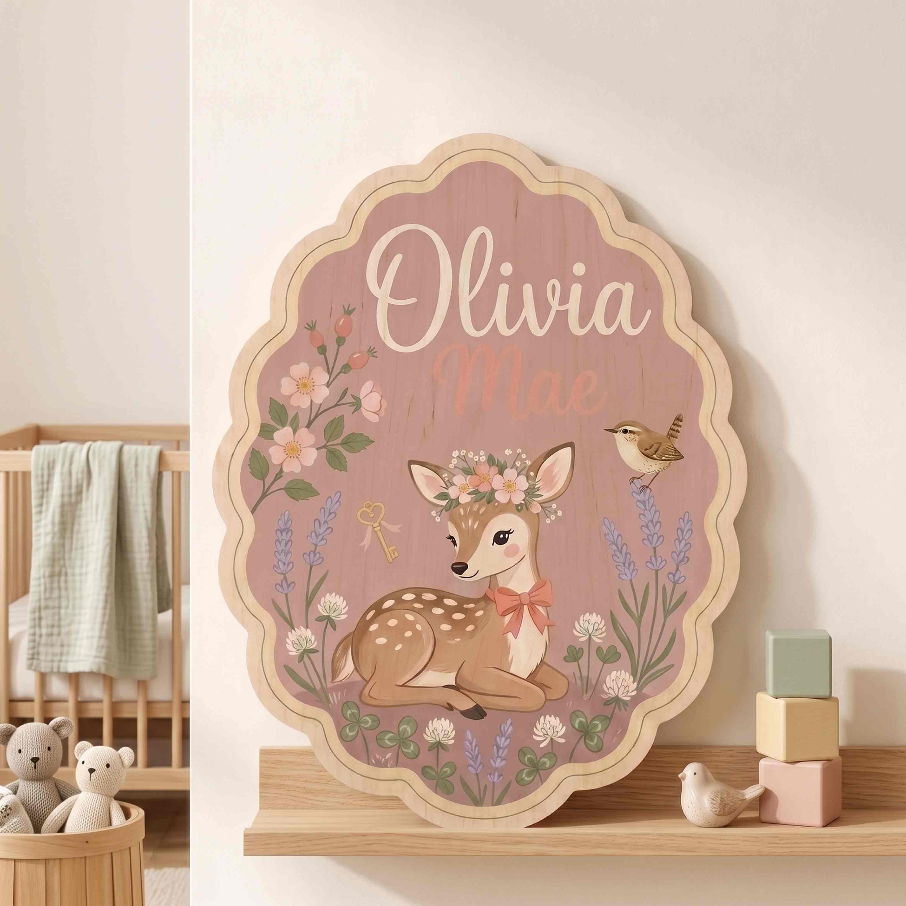 Personalized Cute Floral Deer Name Wooden Sign