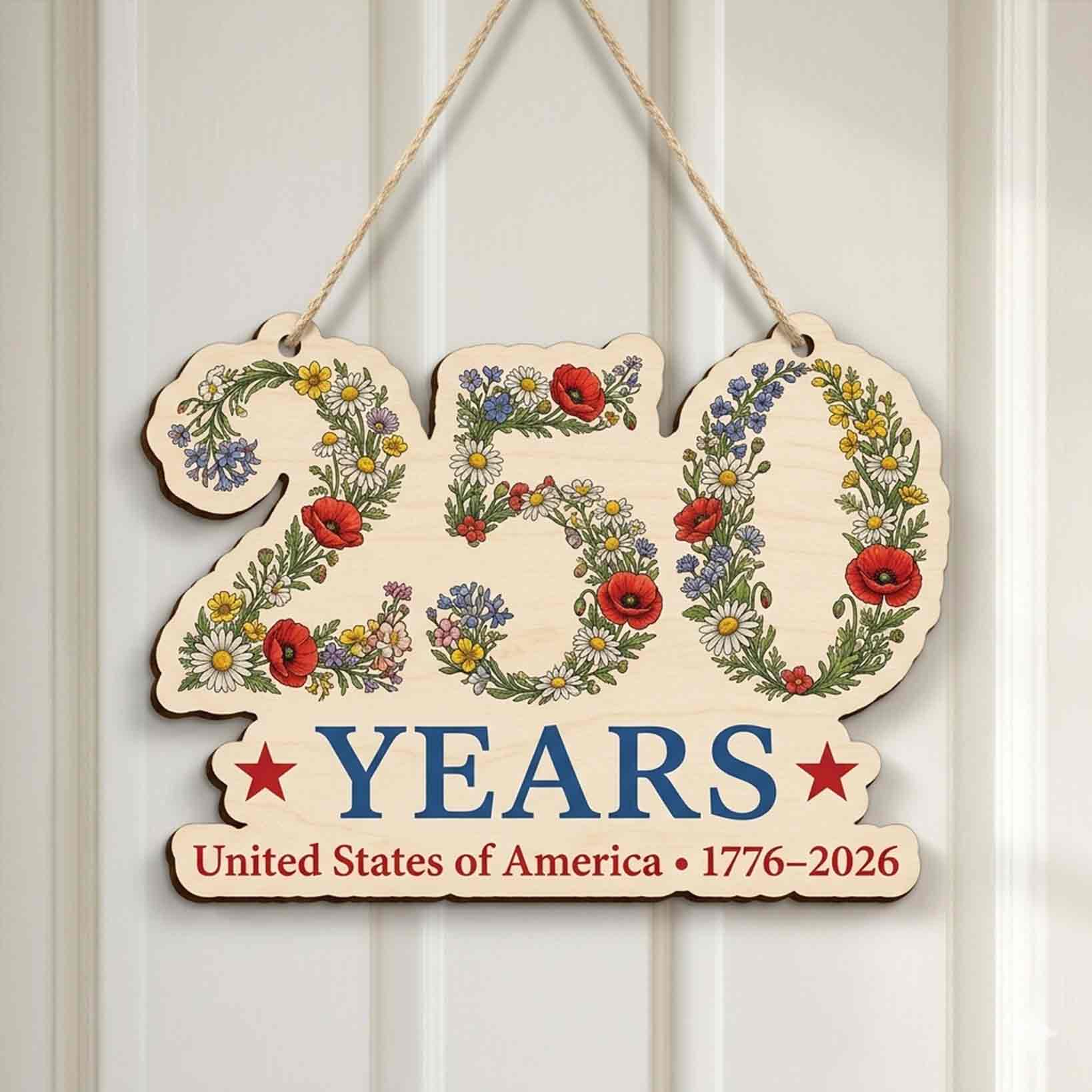 America 250 Years Wildflower Wooden Sign United States Anniversary Decor