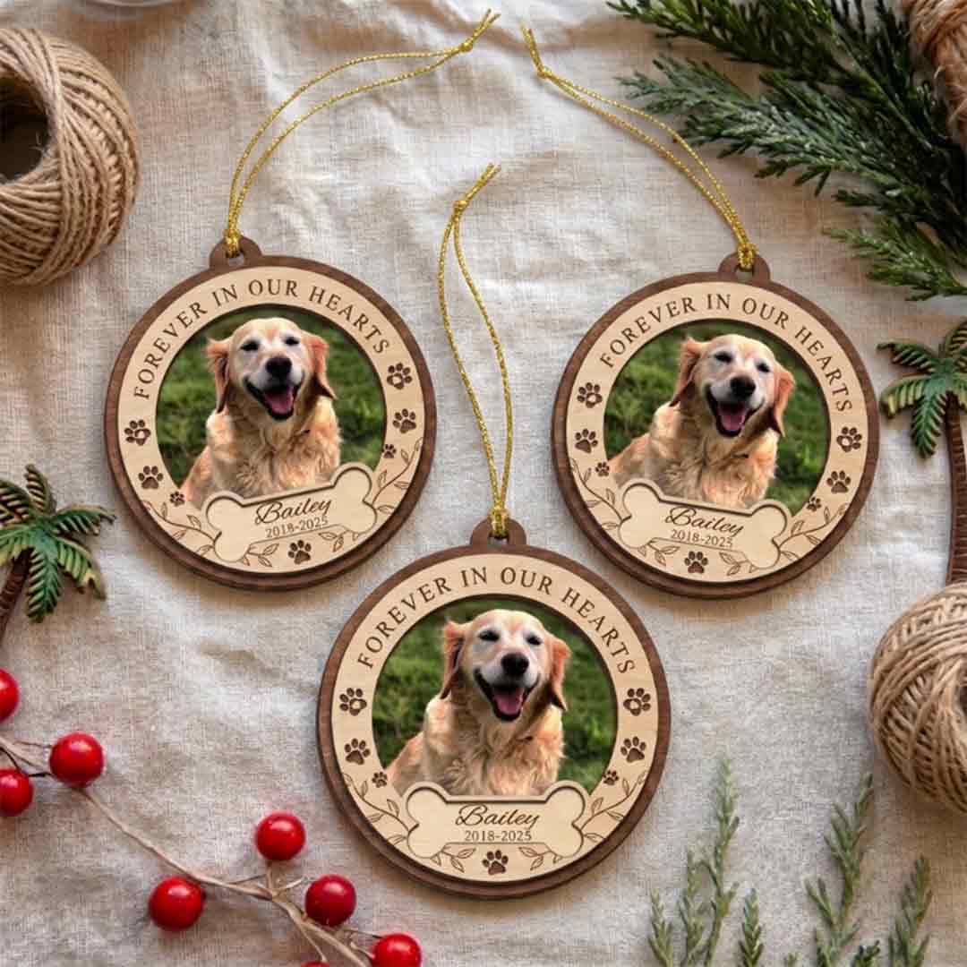 Forever In Our Hearts Memorial Personalized Custom Name Date Photo Dog 2-Layer Wooden Christmas Ornament for Pet Loss Remembrance Gift
