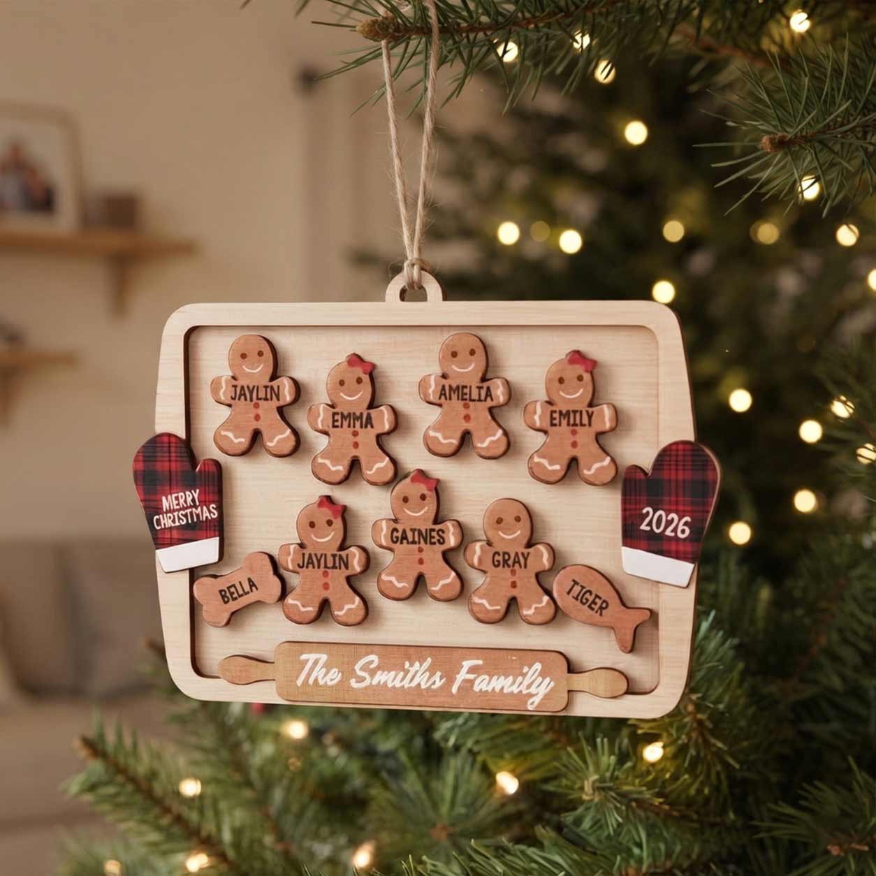 Gingerbread Cooking Family Christmas 2026 Custom Family Name Kids Names 2-Layer Wooden Christmas Ornament