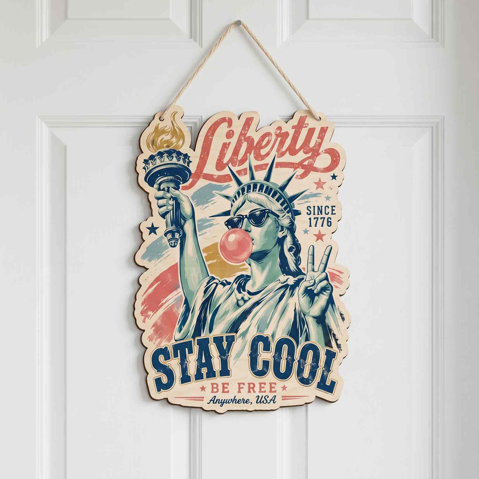 Liberty Stay Cool Be Free Wooden Hanging Sign Funny Patriotic Door Decor