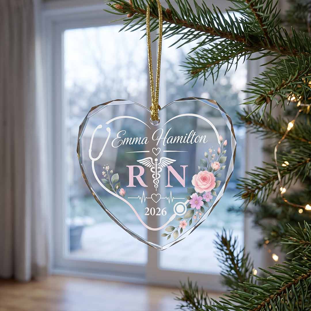 Floral RN Nurse Personalized Nurse Custom Name Date Nurse Appreciation Gift Heart Glass Christmas Ornament