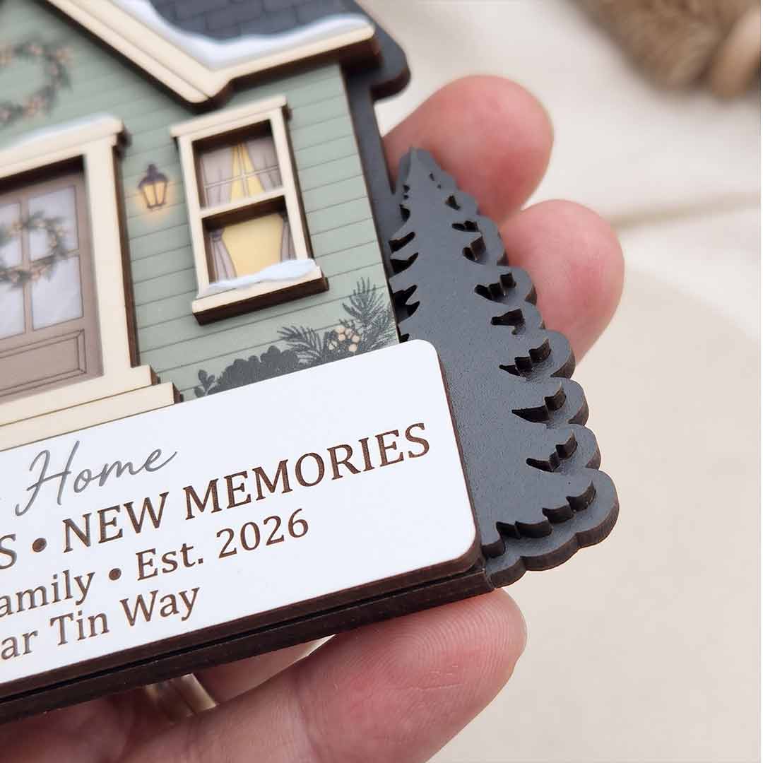 New Home New Beginnings New Memories Personalized Custom Name Date Address Wooden Ornament