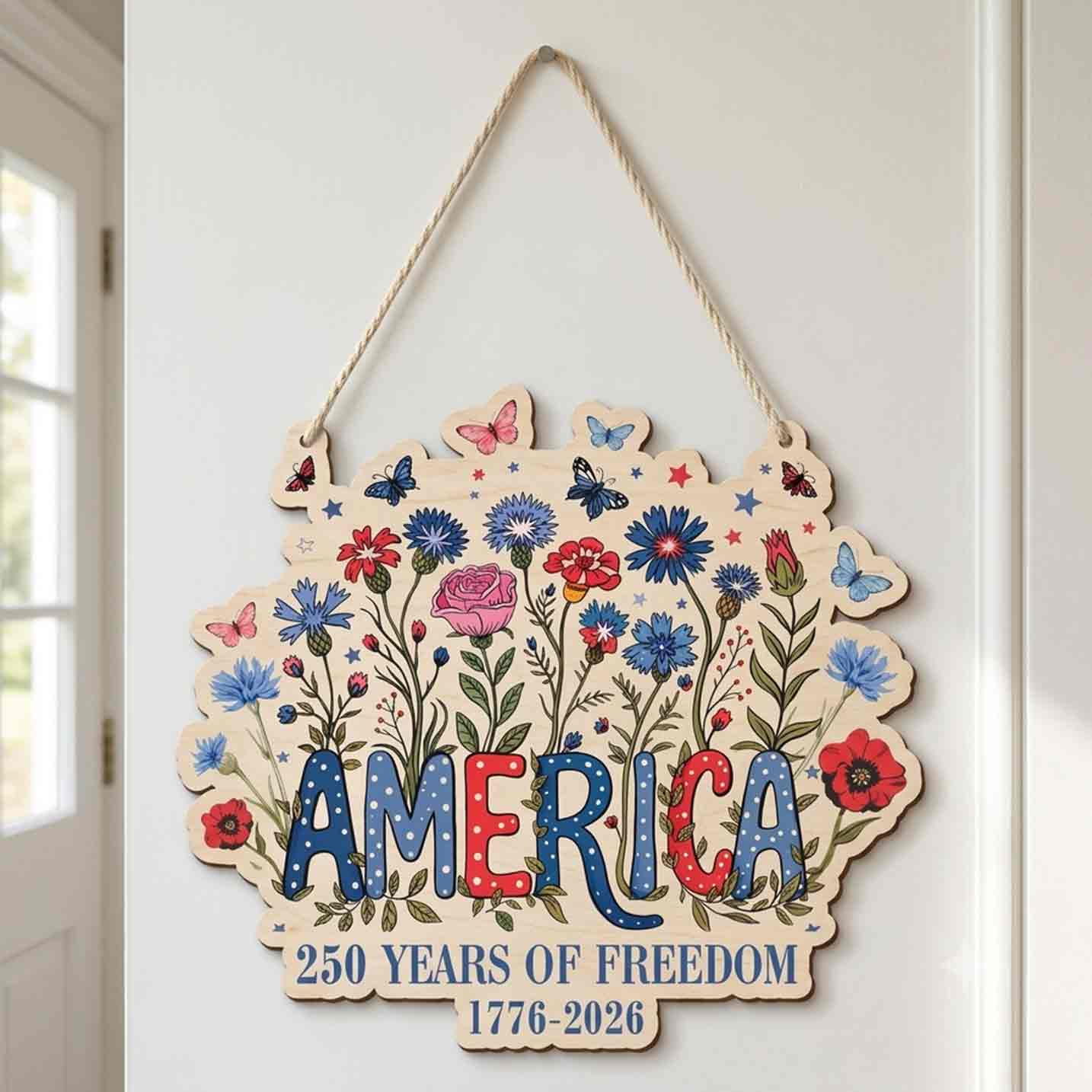 America 250 Years of Freedom Wooden Sign Patriotic Floral Decor