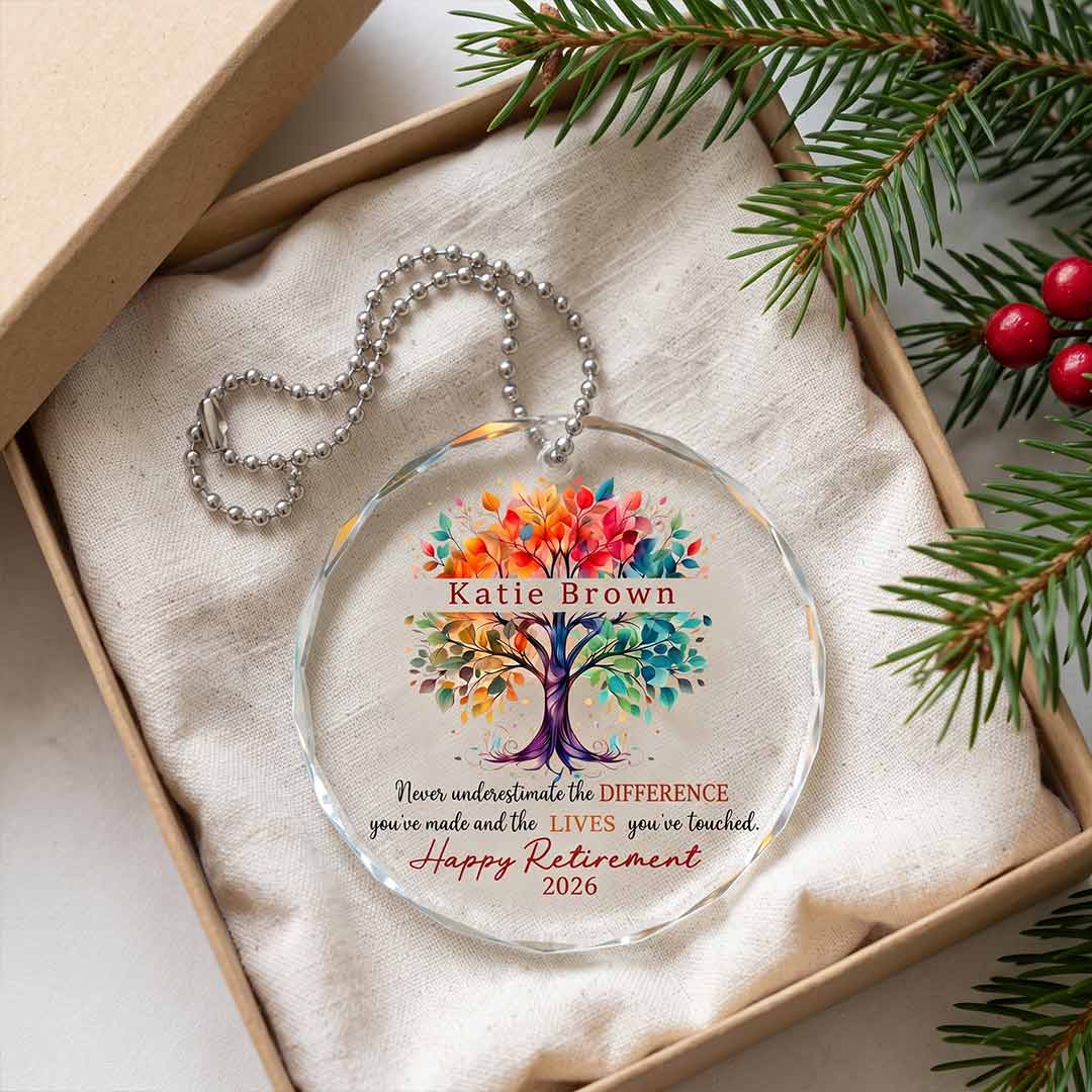 Tree of Life Happy Retirement Personalized Custom Name Date Retirement Round Glass Christmas Ornament for Retirement Gift