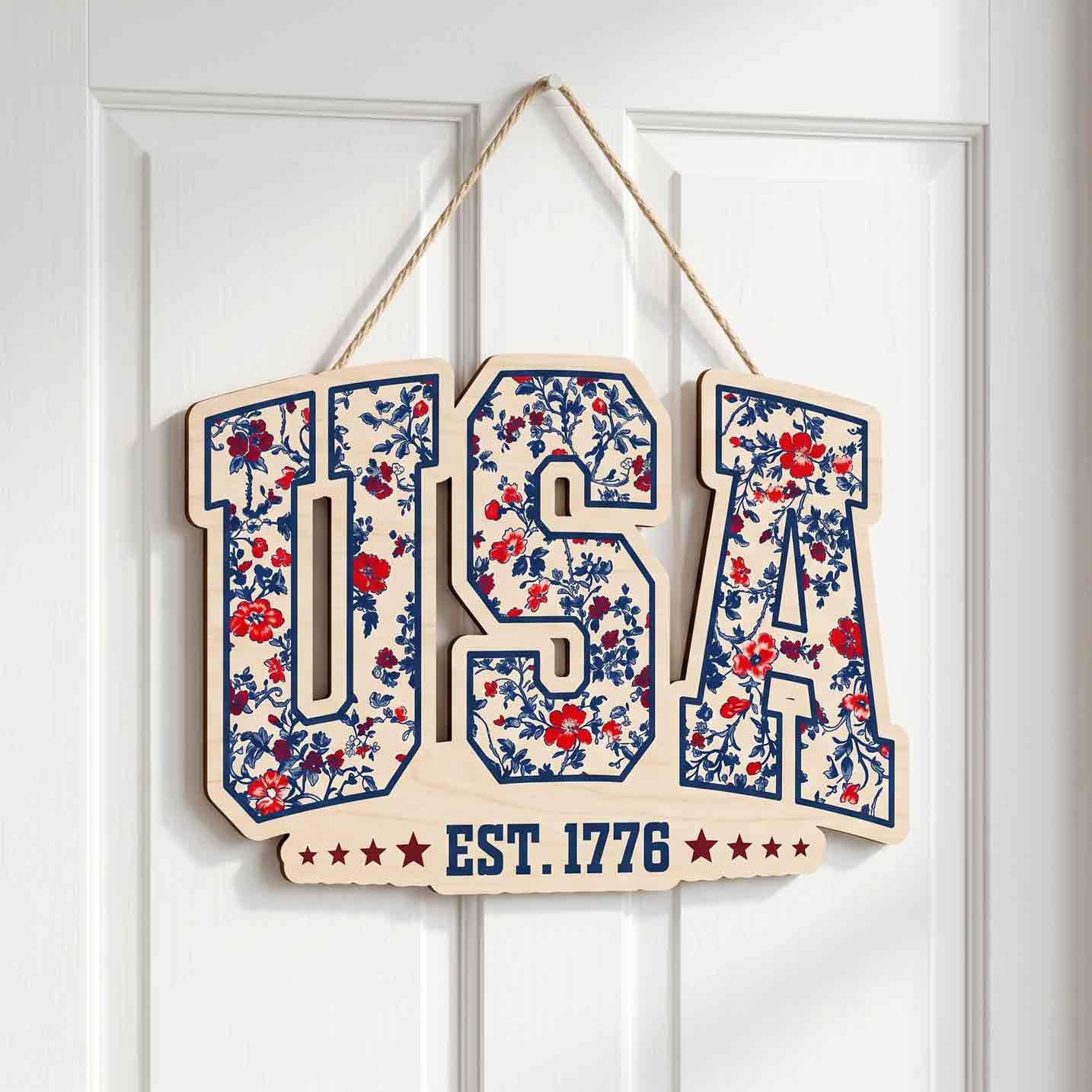 Floral USA Est 1776 Wooden Hanging Sign Patriotic Americana Decor