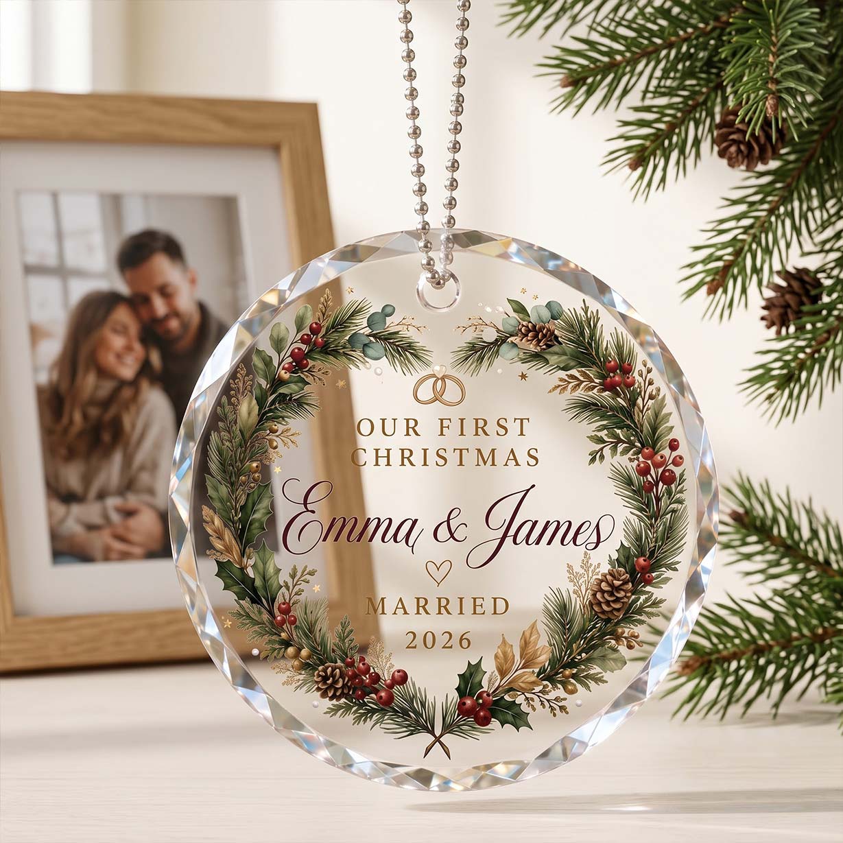 Our First Christmas Pine Berry Wreath Custom Names Date First Married Christmas Round Glass Christmas Ornament
