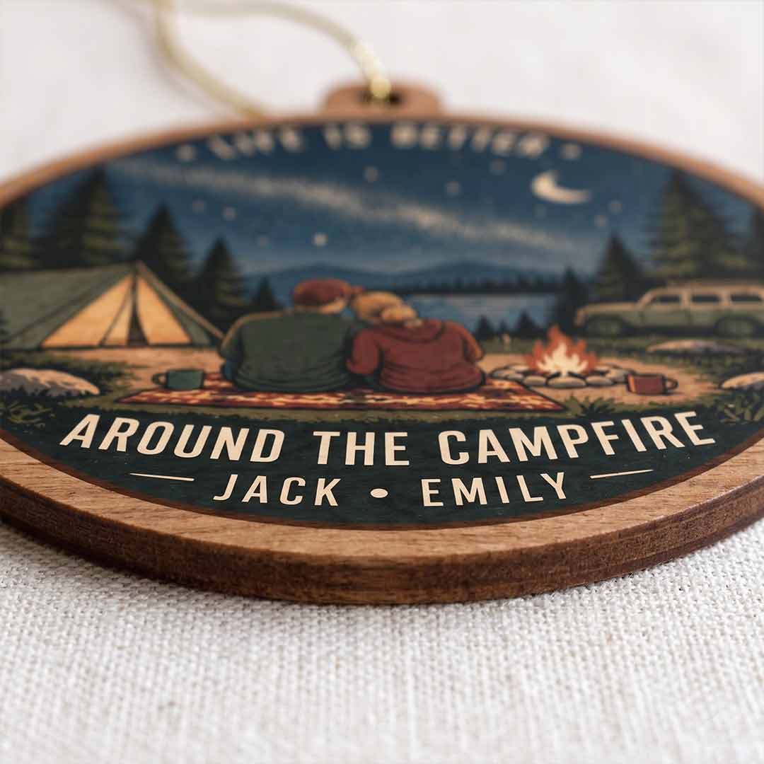 Life Is Better Around the Campfire Camping Adventure Keepsake Personalized Custom Name Campfire Couple 1-Layer Wooden Christmas Ornament for Outdoor Lovers
