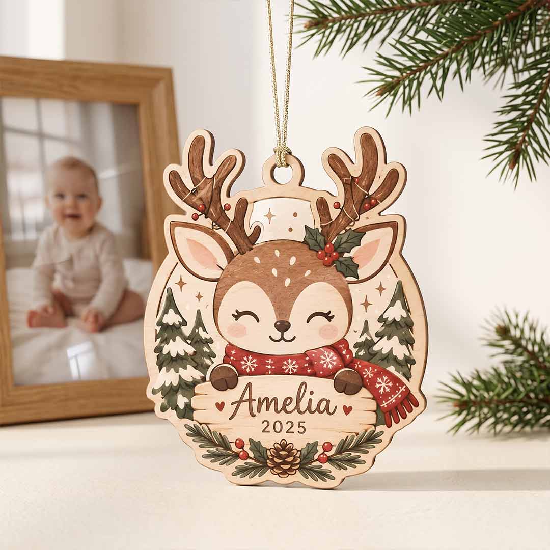 Cute Christmas Reindeer Kids Keepsake Personalized Custom Name Date NewBorn 1-Layer Wooden Christmas Ornament for Children Gift