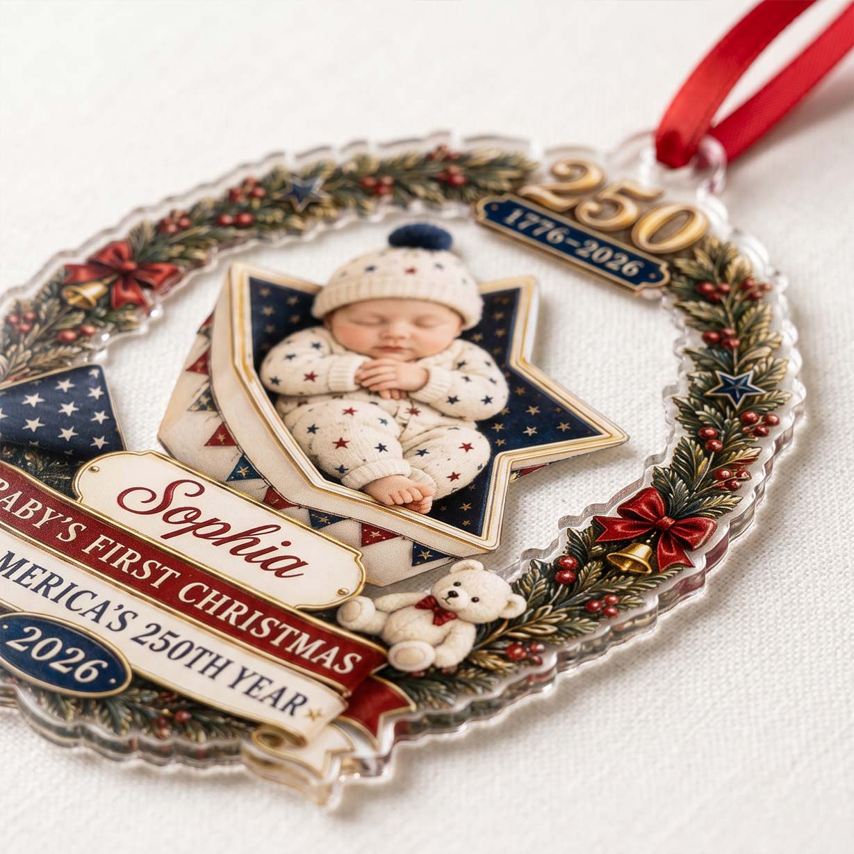 Star Cradle Baby America's 250th Year Custom Name Baby's First Christmas Acrylic Christmas Ornament Patriotic