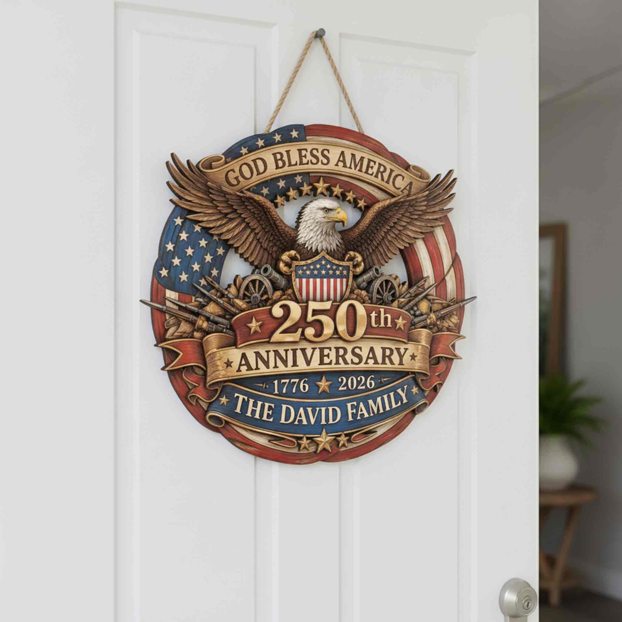 Personalized America 250 Wooden Sign With Custom Family Name and Eagle Design