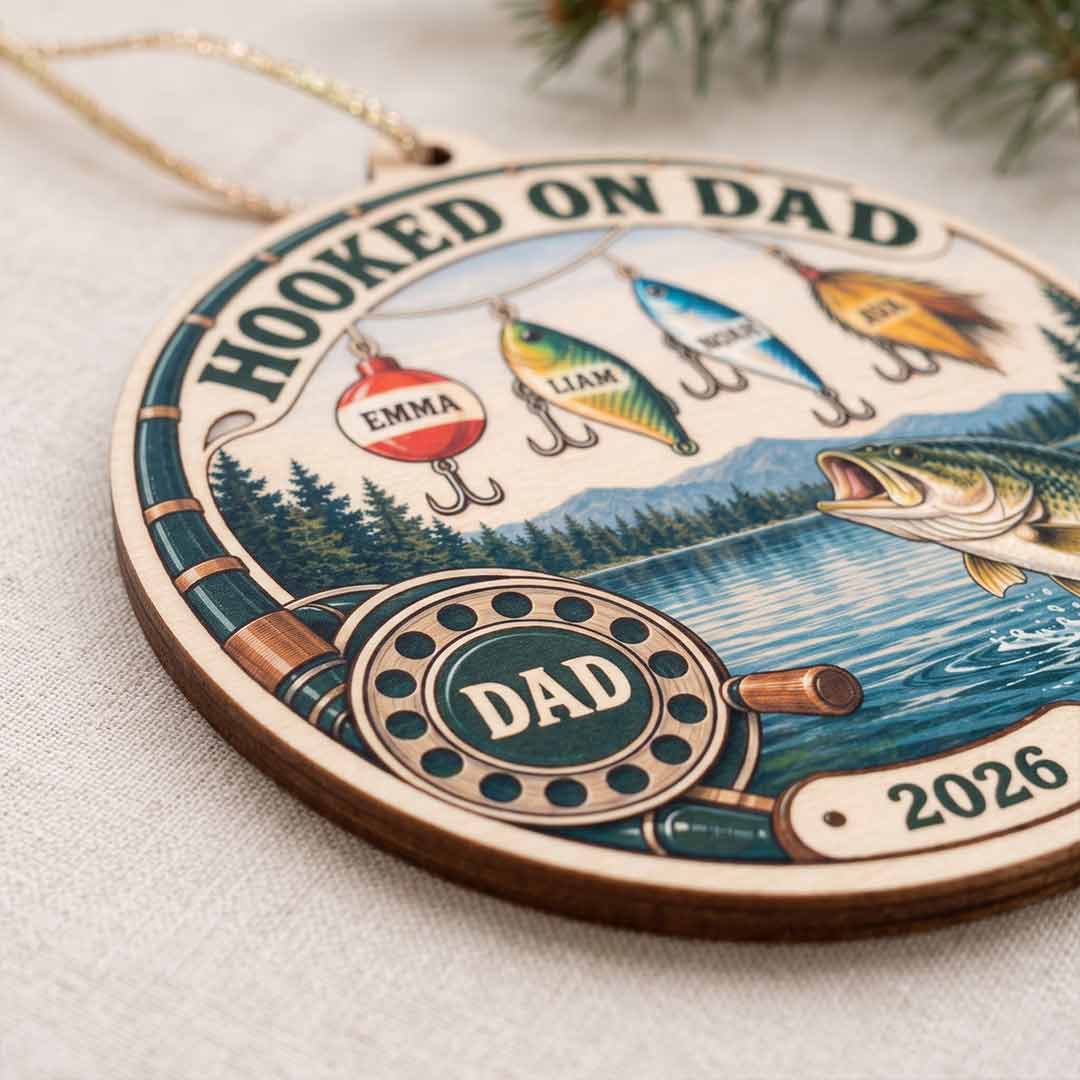 Hooked On Dad Family Fishing Father Keepsake Personalized Custom Name Date Fishing 1-Layer Wooden Christmas Ornament for Dad Gift